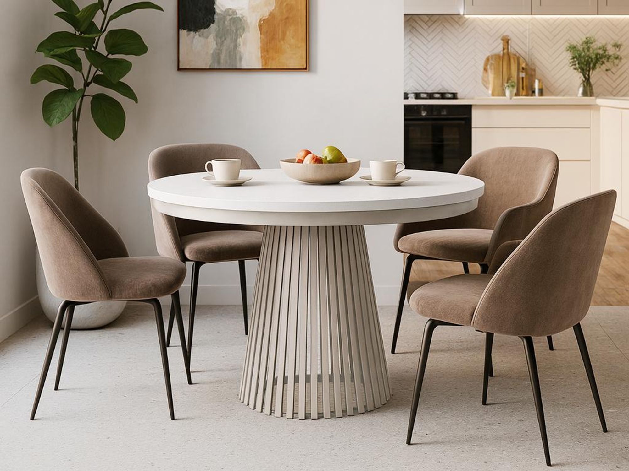 BEAUTYSOFA | Runder Ausziehbarer Tisch LUMI Ø 120–200 cm, Tisch für Esszimmer, Loft-Stil, Skandinavische, Kaschmir/Weiß