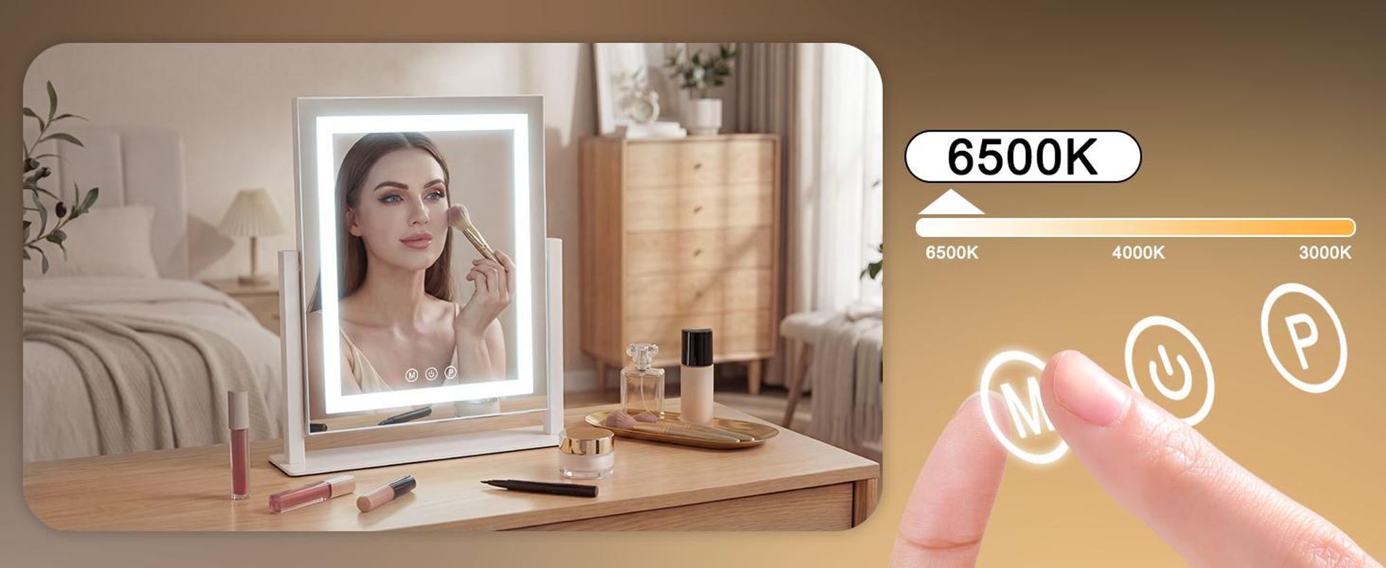 Specchio da trucco a LED ZMH con illuminazione, 25×30 cm, 3 modalità, specchio da toeletta, piccolo specchio cosmetico, specchio da tavolo con luce, specchio da trucco, dimmerabile tramite tocco