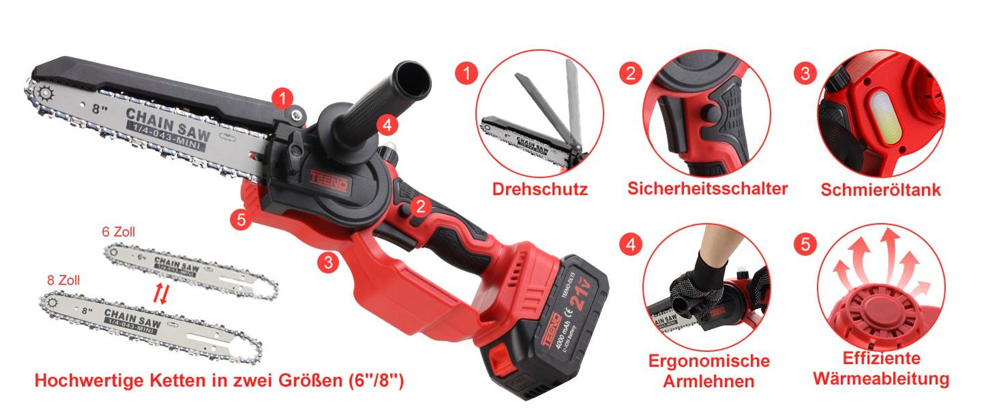 TEENO Akku Mini Kettensäge 6&8 Zoll 2-in-1, 6 Ketten (3×6"+3×8"), Bürstenloser Motor, 2×4000mAh Li-Ion Akku, 5500 U/min, Leicht & Tragbar für Garten