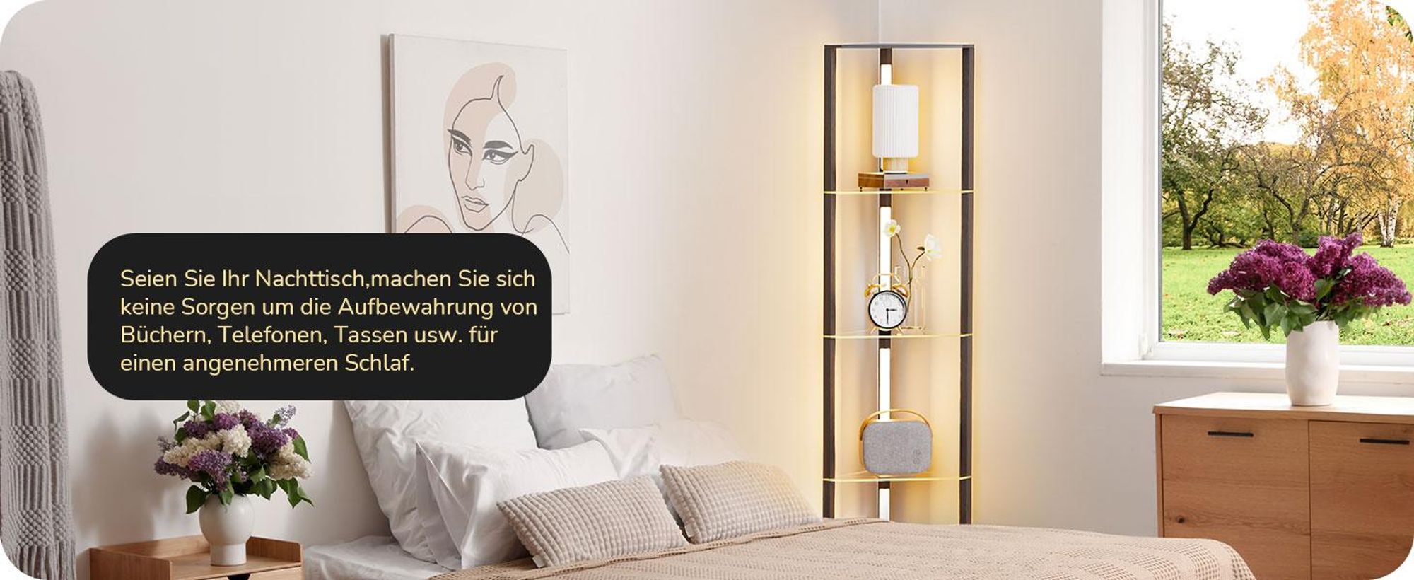 EDISHINE Stehlampe Wohnzimmer Holz, Dimmbar Stehlampe mit 4 Regalen aus Glas, 20W 360°drehbare LED-Stangen, Schwarz