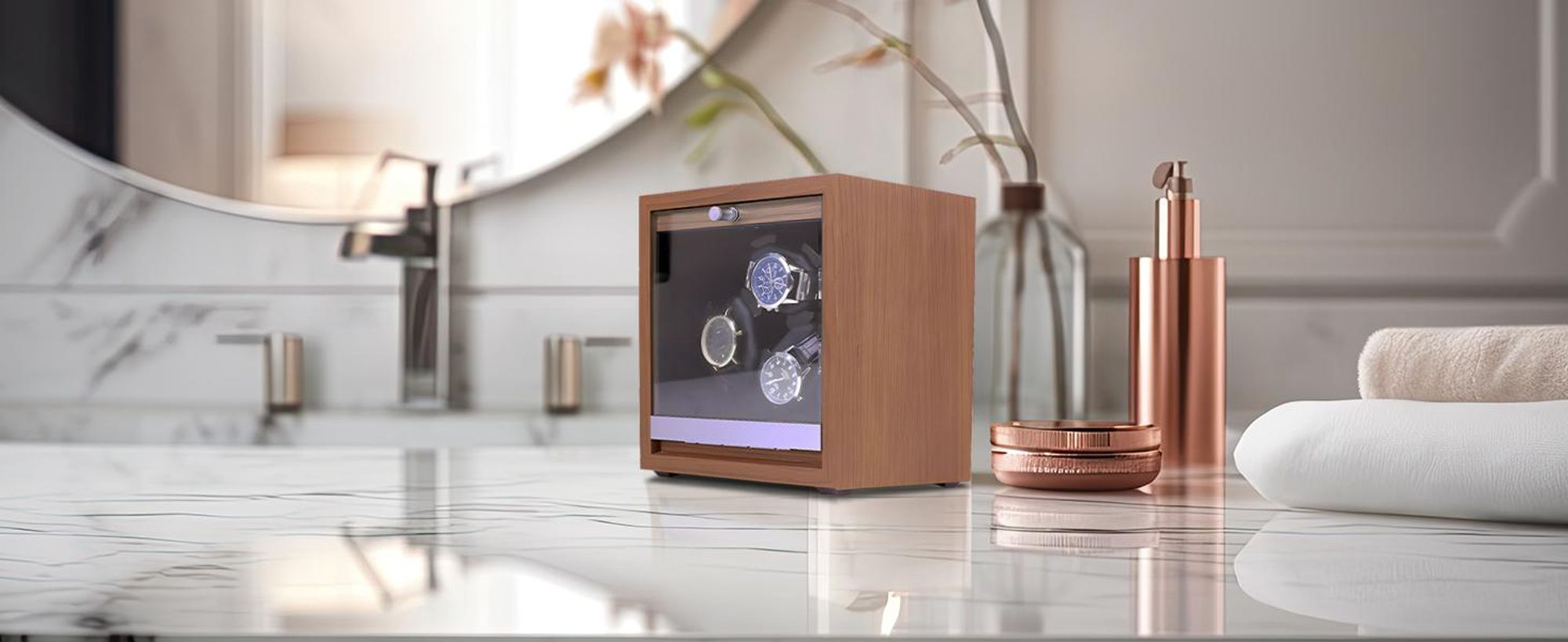 Olvy horlogewinder voor 3 horloges, met LED-verlichting, horlogewindervak van hout, extreem stille Mabuchi motor, flexibel horlogekussen, horlogewinder