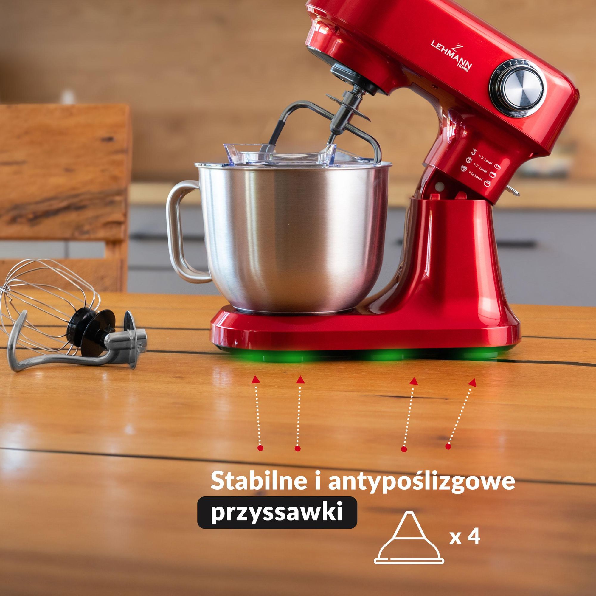Robot Planetarny LEHMANN CELESTO LHOPM-1505-C Czerwony 1500W, Mikser Kuchenny 5L z 3 Końcówkami, Zabezpieczenie Przed Przegrzaniem, Płynna Regulacja