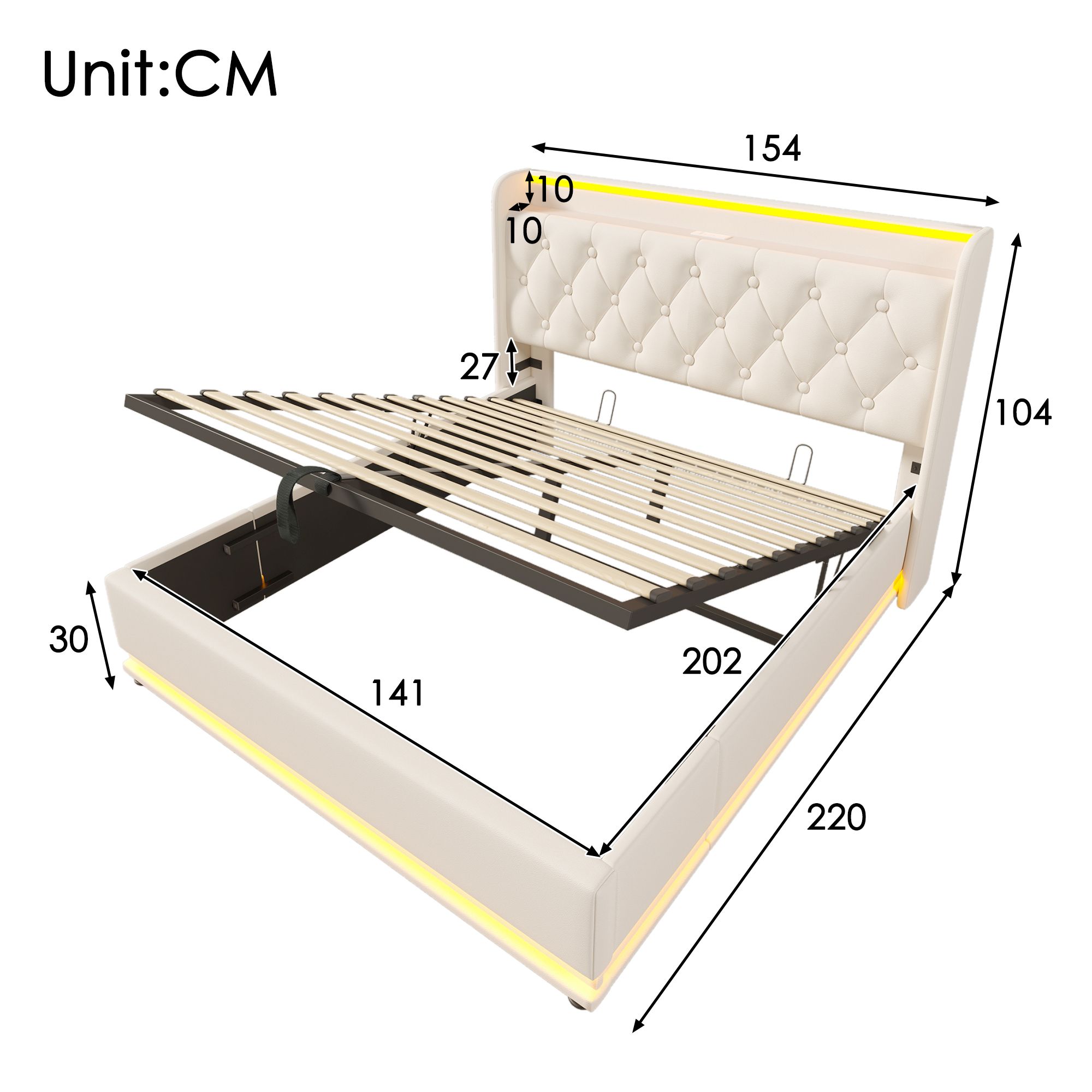 Flieks Polsterbett 140x200cm mit Ladefunktion (USB&Typ-c), Jugendbett Doppelbett Stauraumbett mit LED, Hydraulisches Boxspringbett, PU, Weiß