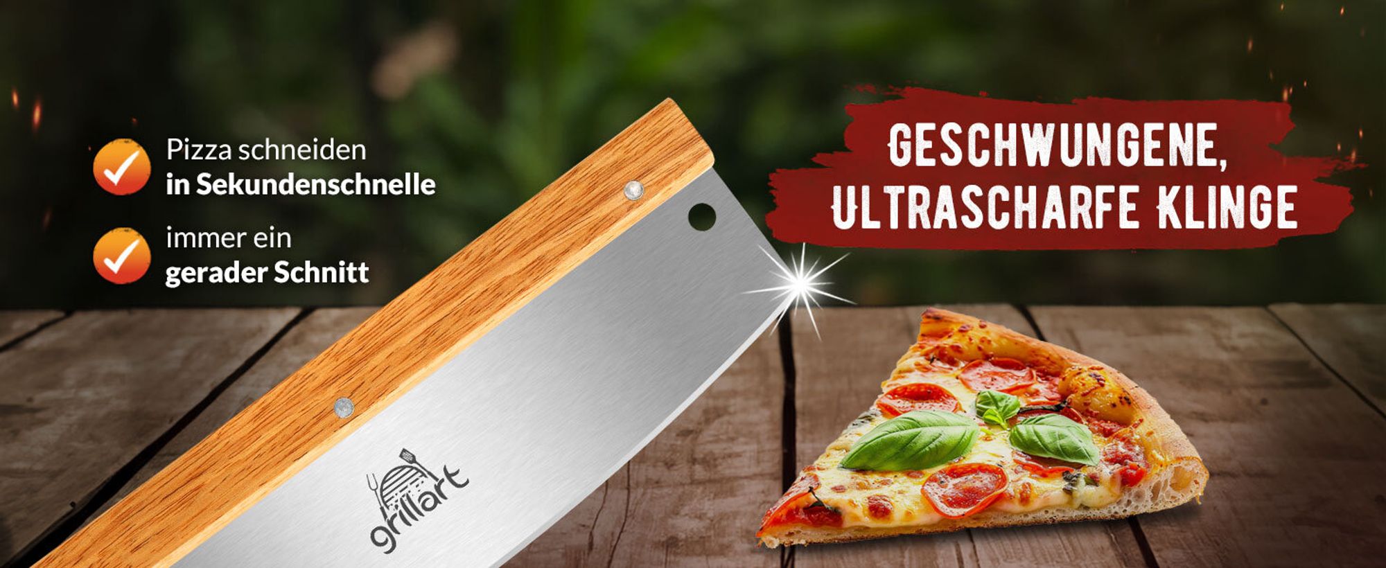 grillart® Premium Pizzamesser – Extra scharfer Edelstahl Pizzaschneider mit Holzgriff
