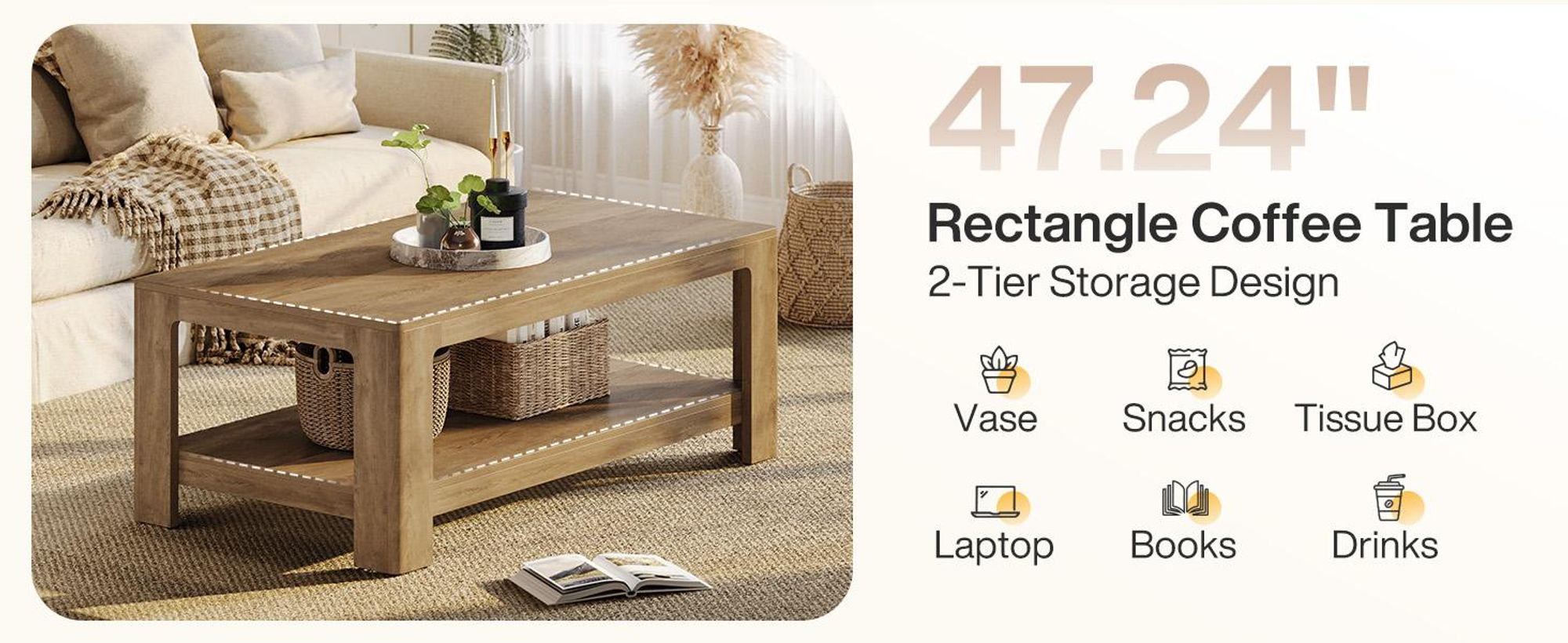 Tribesigns Couchtisch, 2-stöckiger Beistelltisch mit Stauraum, 120 cm rechteckig, für Wohnzimmer, Büro, Schlafzimmer, Holzfarbe