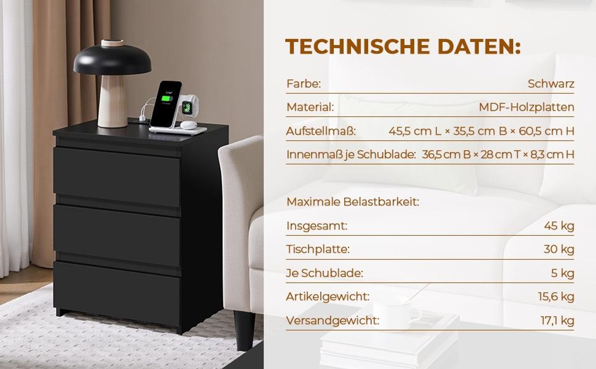 Yaheetech Nachttisch 2er Set Beistelltisch, 2 AC-Steckdosen, 2 USB-Anschlüsse, Emissionsklasse E1, Schwarz
