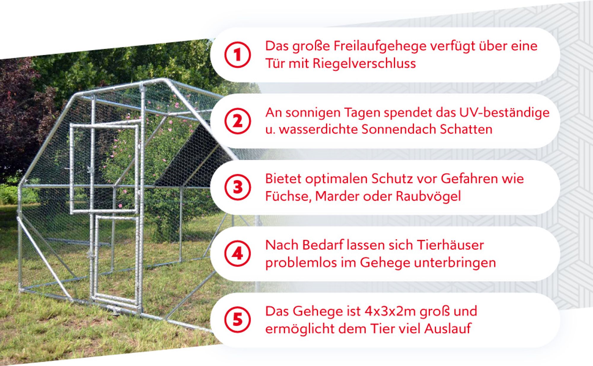 Wiltec XXL Freilaufgehege 4 x 3 x 2 m mit Sonnendach und verzinkten Gitterstäben, Außengehege als Voliere Hühnerstall oder Hasenstall, Kleintiergehege mit Riegel