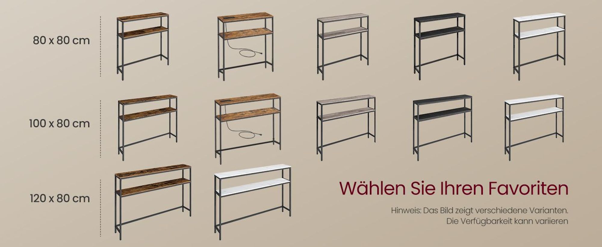 VASAGLE Konsolentisch, schmaler Sofatisch mit 2 Ablagen, 20 x 100 x 80 cm