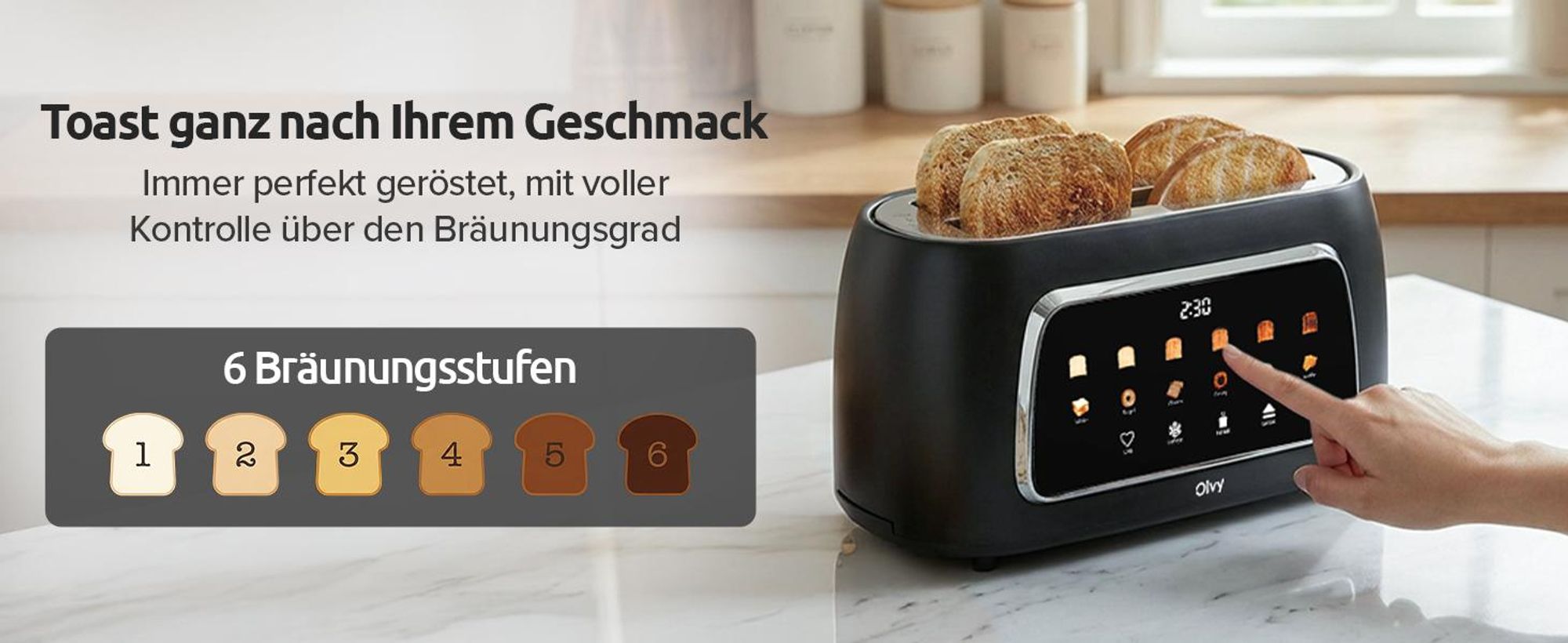 Olvy Toaster 4 Scheiben, Langschlitztoaster, Digitaldisplay mit Timer, 6 Bräunungsstufen, breite Schlitze, Auftau- und Aufwärmfunktion, 1500W, Schwarz
