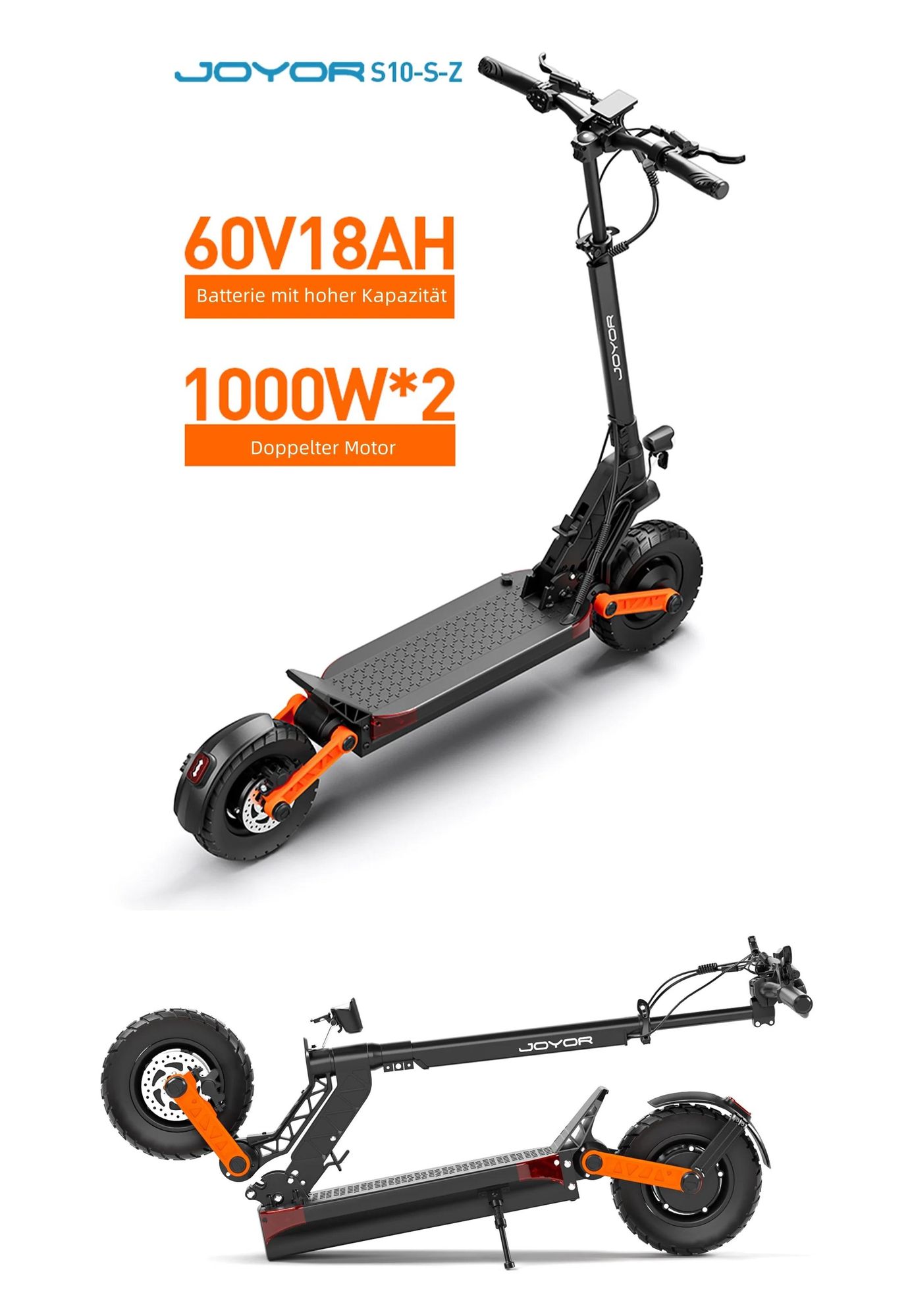 JOYOR S10-S-Z Elektroroller mit Blinkern - 1000 W * 2 Motor 60 V 18 Ah Akku 70 km Reichweite Scheibenbremse - Schwarz
