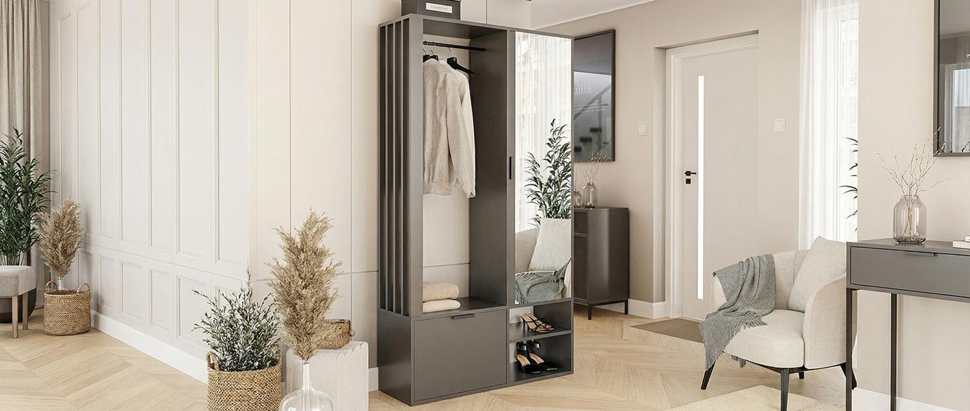 Idohome - Garderobenschrank Milo mit Spiegel, mit Ablagen und Kleiderstange, Farbe: Graphite