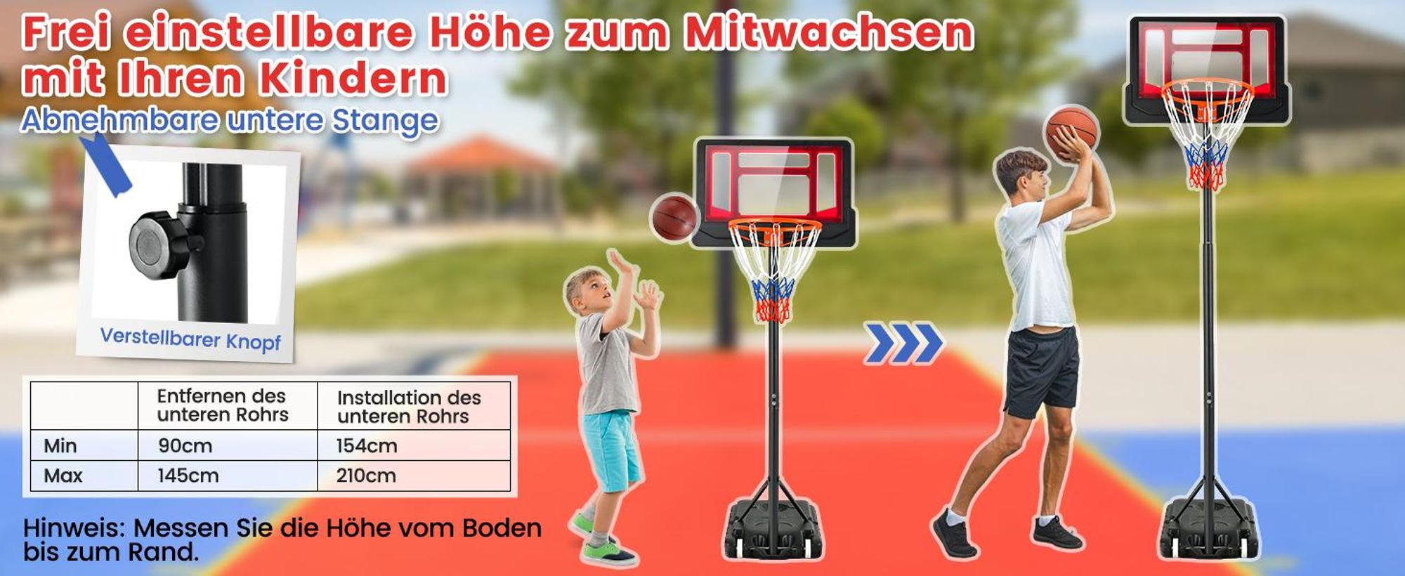 COSTWAY Basketballkorb mit Ständer 90-210 cm höhenverstellbar, Basketballständer mit 2 Rädern, Korbanlage für Kinder, Erwachsene, wetterbeständig Outdoor