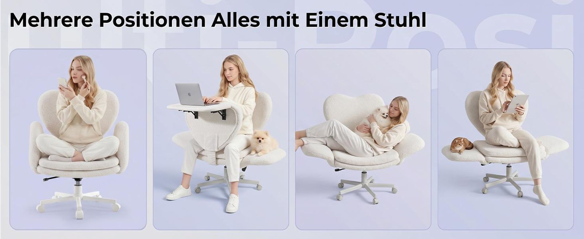 Bürostuhl Gamingstuhl mit Teddybezug, drehbar, mit klappbarer Tischplatte und Rollen, für Arbeitszimmer, Weiß
