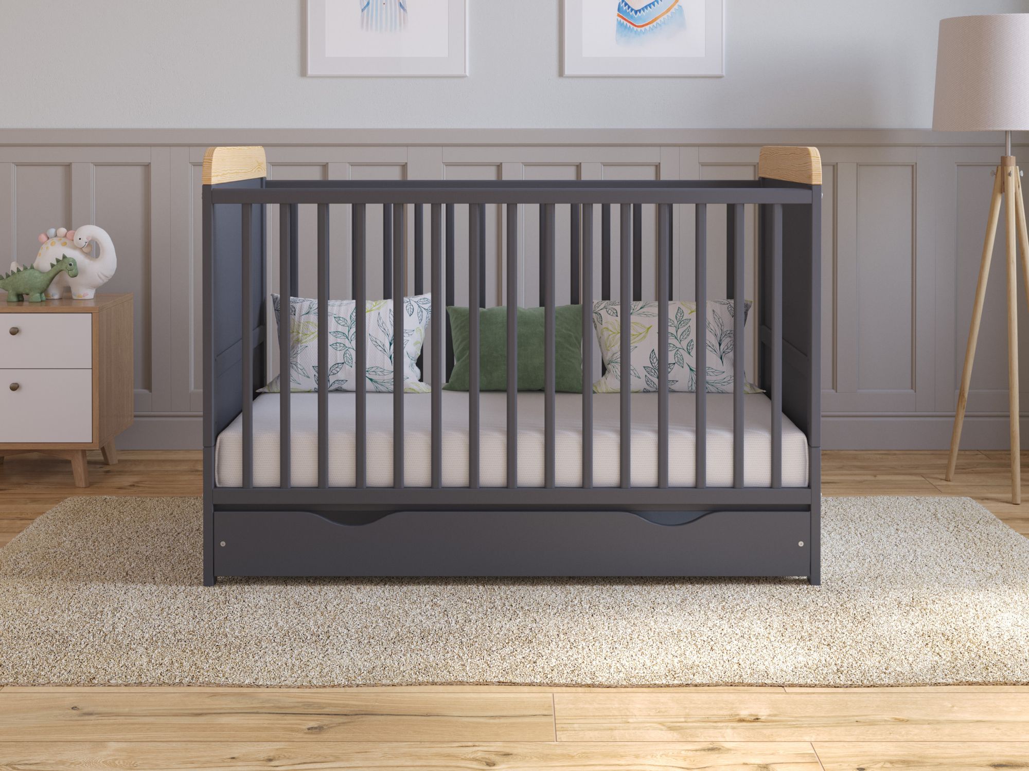 Babybett Beistellbett 120x60 cm mit Schublade & Matratze - Kinderbett Gitterbett Baby Bett Holz Anthrazit-Kiefer,Umwandelbar in Juniorbett