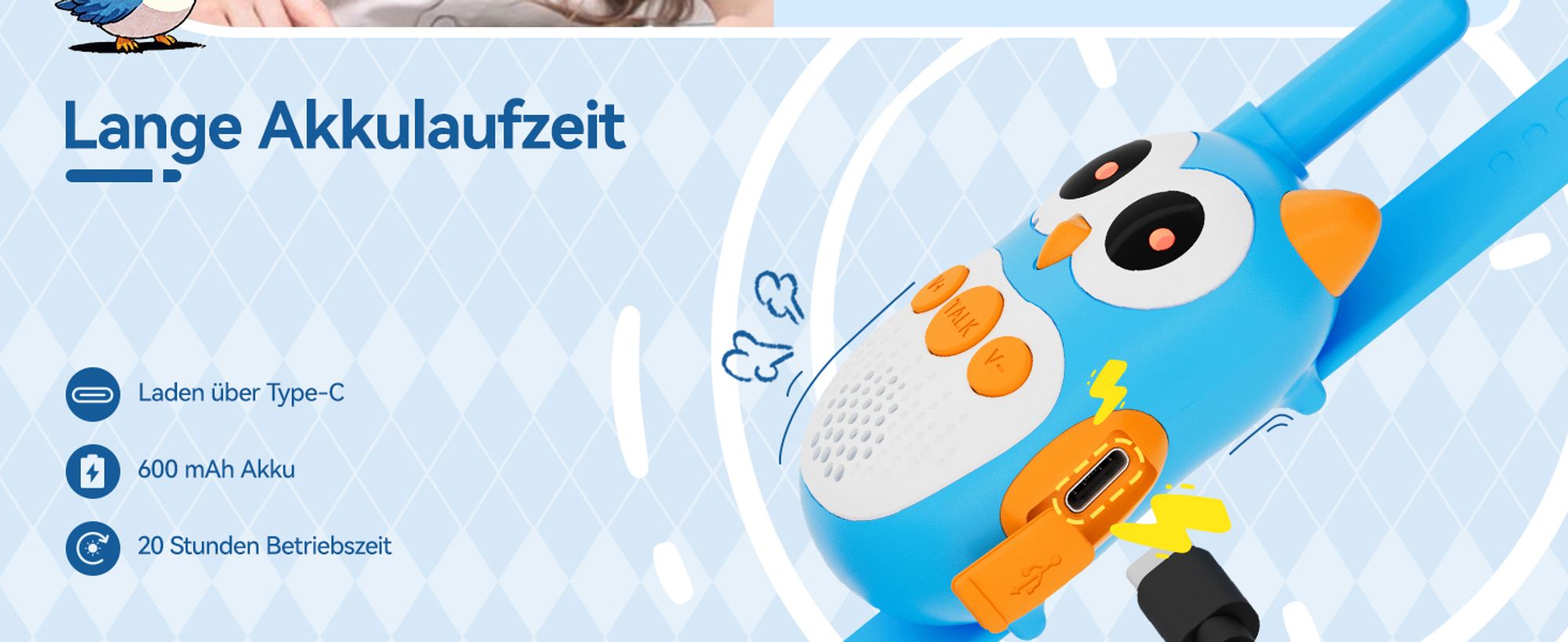 Retevis RT30W Walkie Talkie Kinder, Aufladbar Spielzeug ab 4-12 jahre, Cartoon-Eule Walky Talky Geschenke für Kinder, Camping Familienspiel