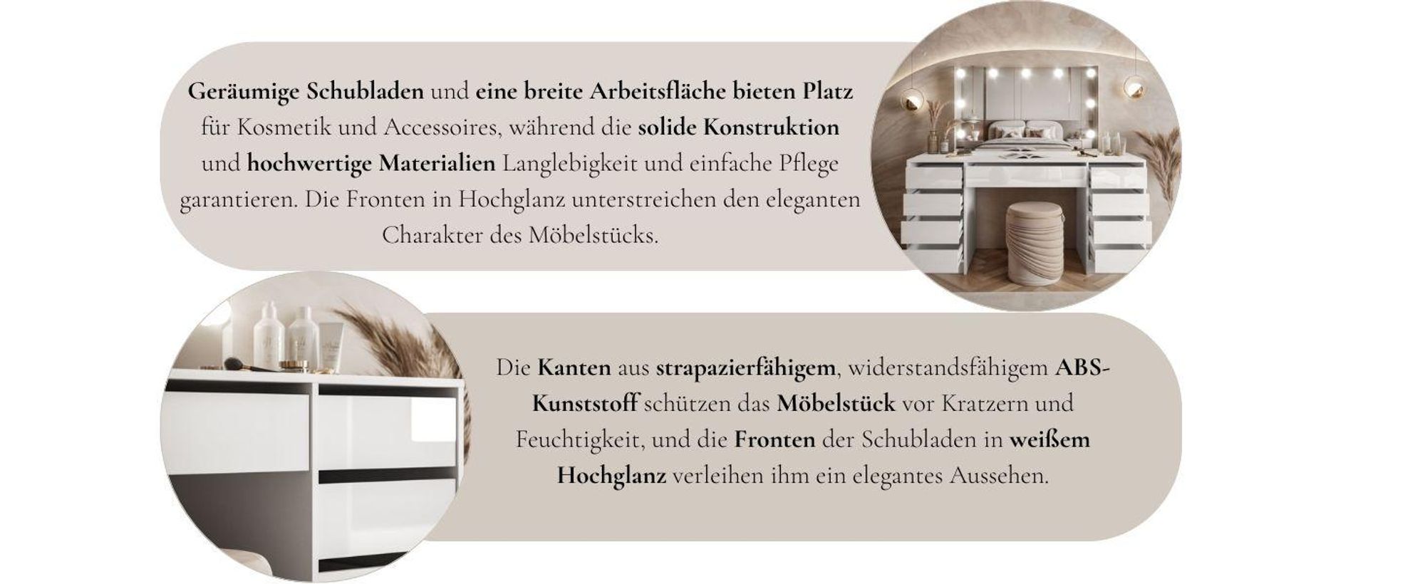 Schminktisch MADA ELITE II 152x75x55 cm mit dimmbarer LED-Beleuchtung und grifflos