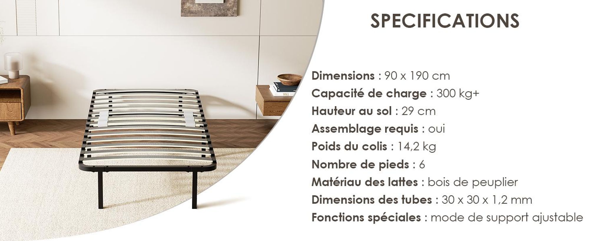 DEWINNER - Sommier 90x190 cm | Sommier à Lattes 90x190 Solide et Confortable | Cadre de lit métal avec 6 Pieds Inclus | 14 Lattes en Bois de peuplier