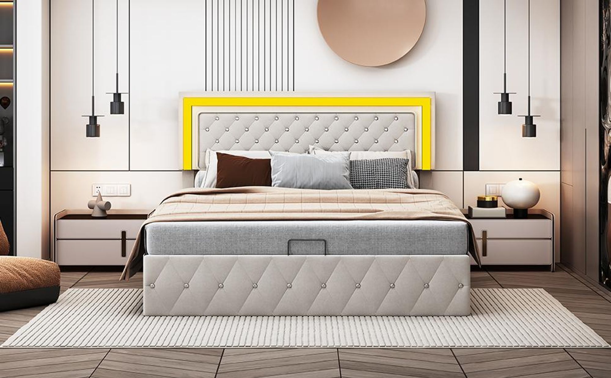 INONEFT Boxspringbett 140×200 mit LED,Polsterbett Jugendbett mit Stauraum,Hydraulisches Doppelbett,Stauraumbett, Samt, Beige.