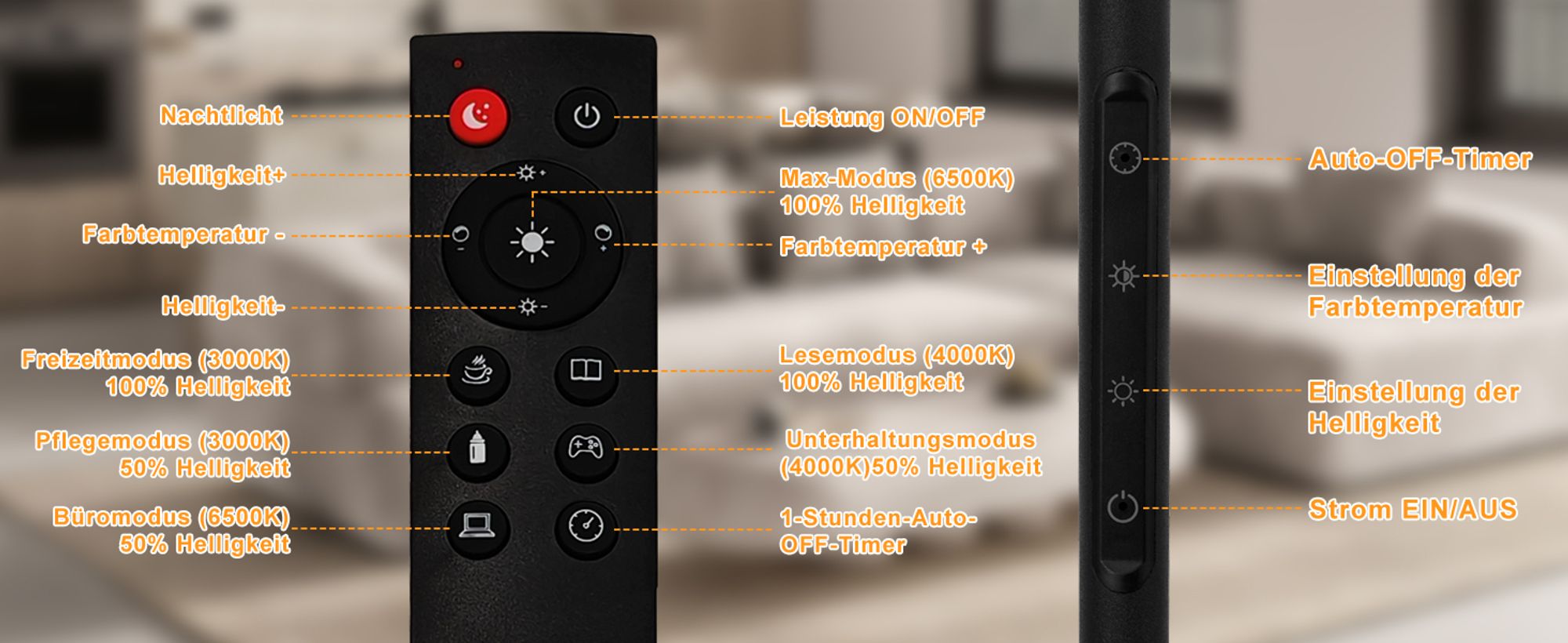 ZMH Stehlampe Wohnzimmer Dimmbar Standleuchte LED Stehleuchte Schwarz 3000K-6000K Standlicht 11W 360° Drehbar Leselampe Touch Control Timer bodenlampe mit Fernbedienung für Schlafzimmer Büro