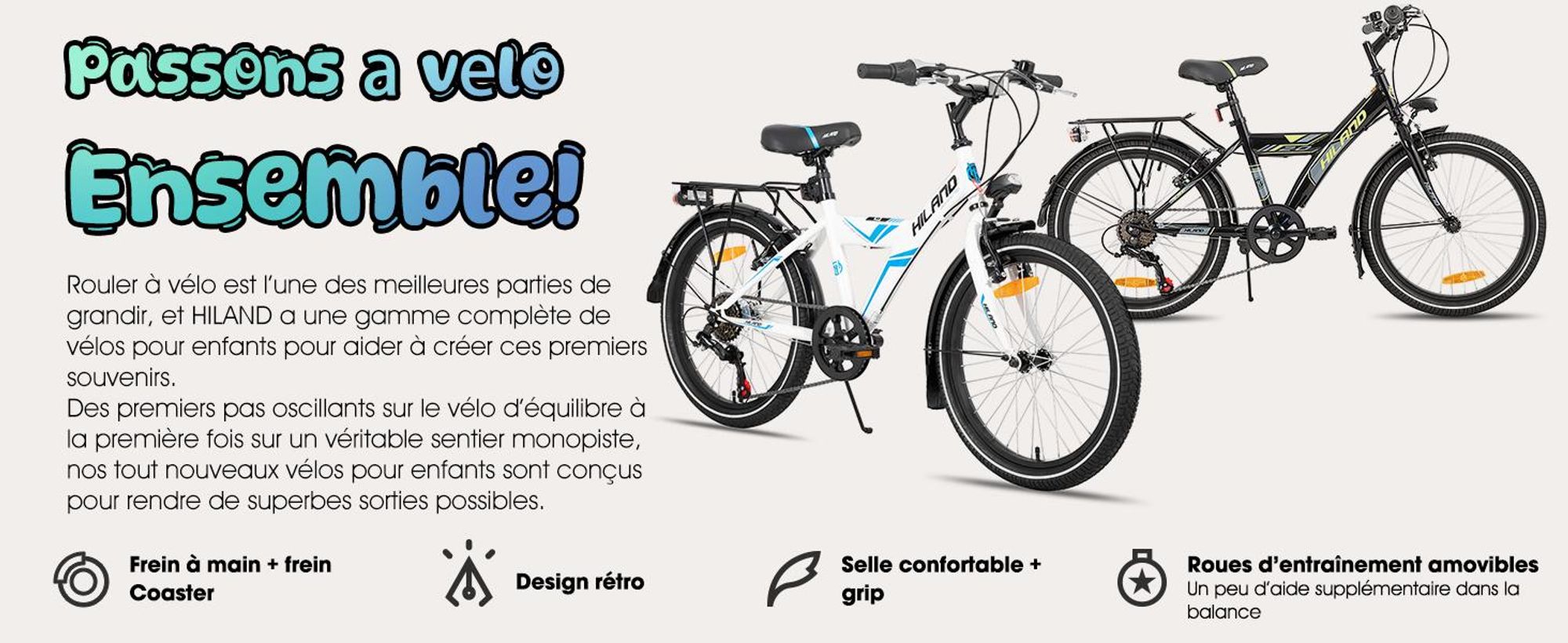 Vélo tout-terrain pour enfants HILAND Rocket 20 pouces, VTT pour garçons avec dérailleur Shimano à 6 vitesses, éclairage et porte-bagages, noir