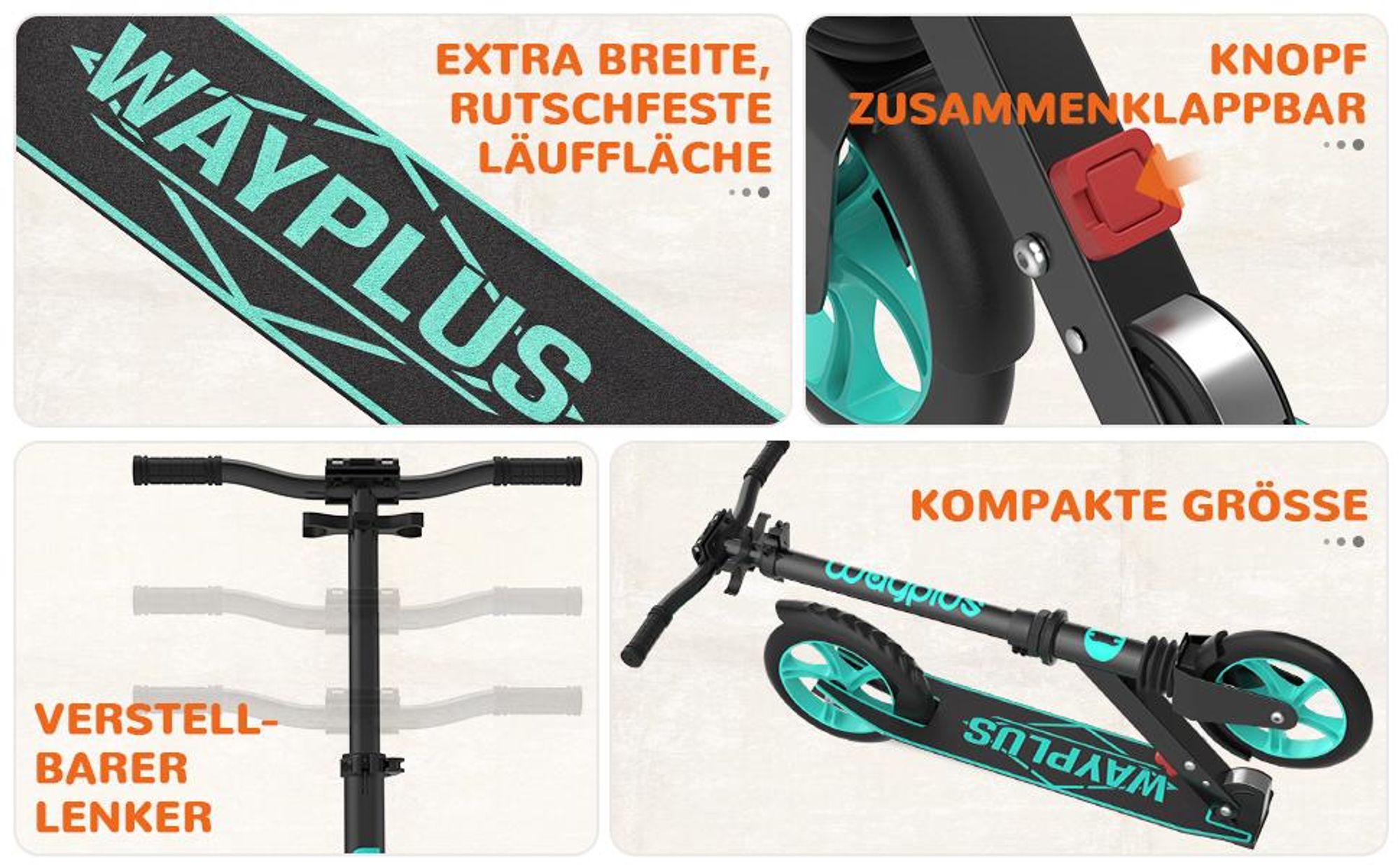 WAYPLUS 20 cm Roller klappbar – 4-fach verstellbarer Lenker, ABEC-9 Präzisionslager, bis 109 kg, leise PolyurethanReifen, für den täglichen Gebrauch & Freizei