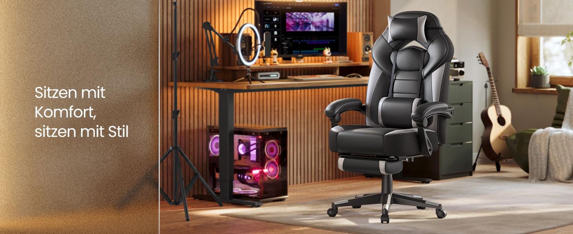 SONGMICS Gaming-Stuhl, Bürostuhl, höhenverstellbar, Grau