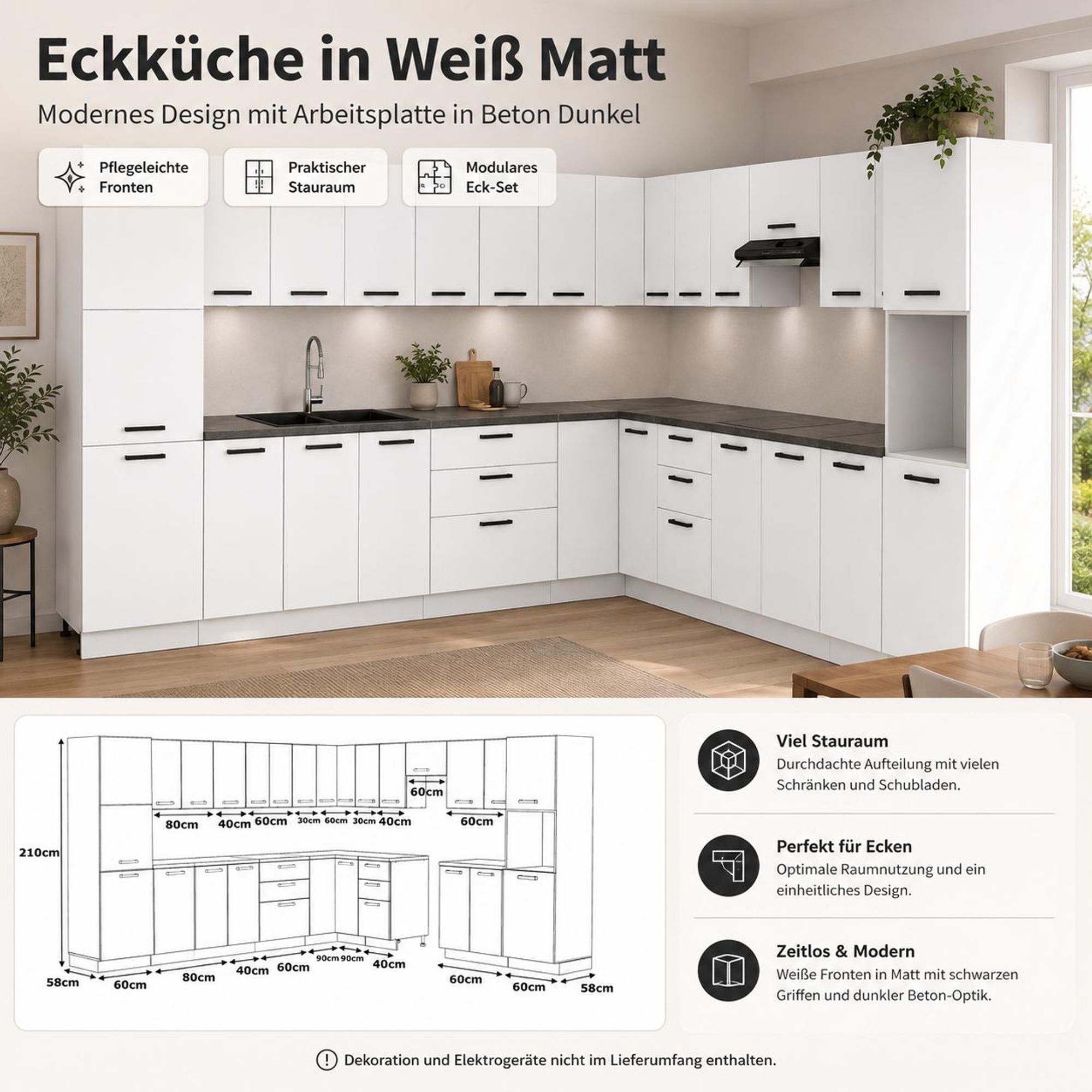 Moderne Eckküche in Weiß Matt mit dunkler Beton-Arbeitsplatte und schwarzen Griffen.