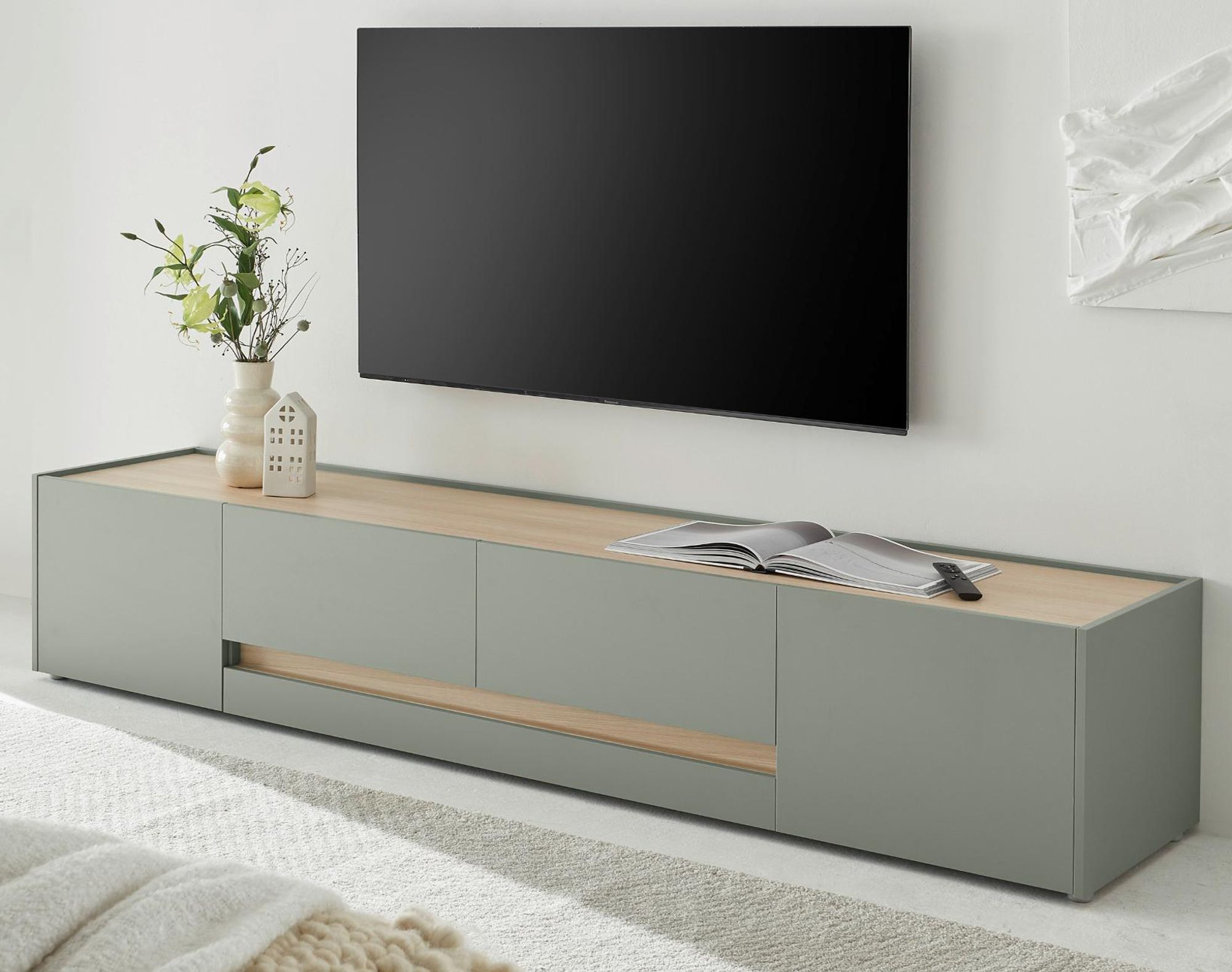 Center TV-Lowboard 223 cm - Salbei Grün und Eiche mit viel Stauraum, für TV bis 75"