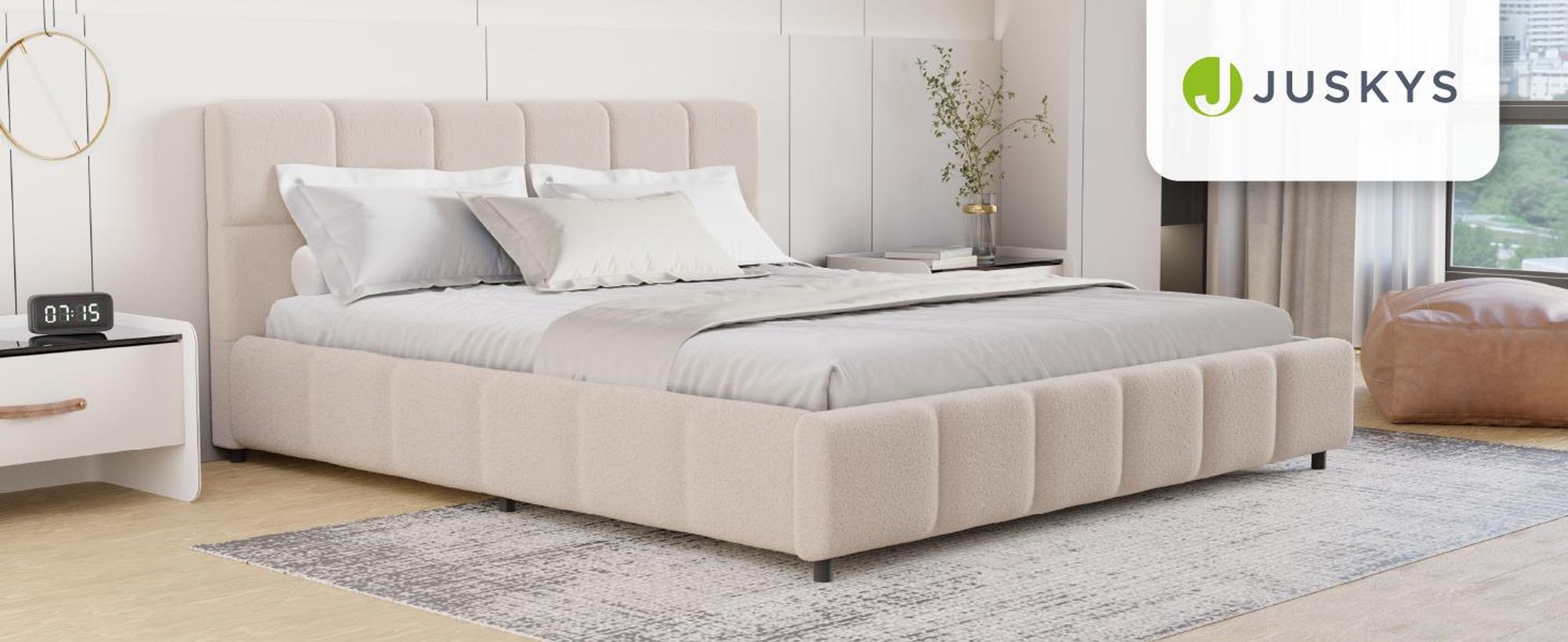 Juskys Polsterbett Florenz 180 x 200 cm, Bouclé, Bubble Design & modern – Beige