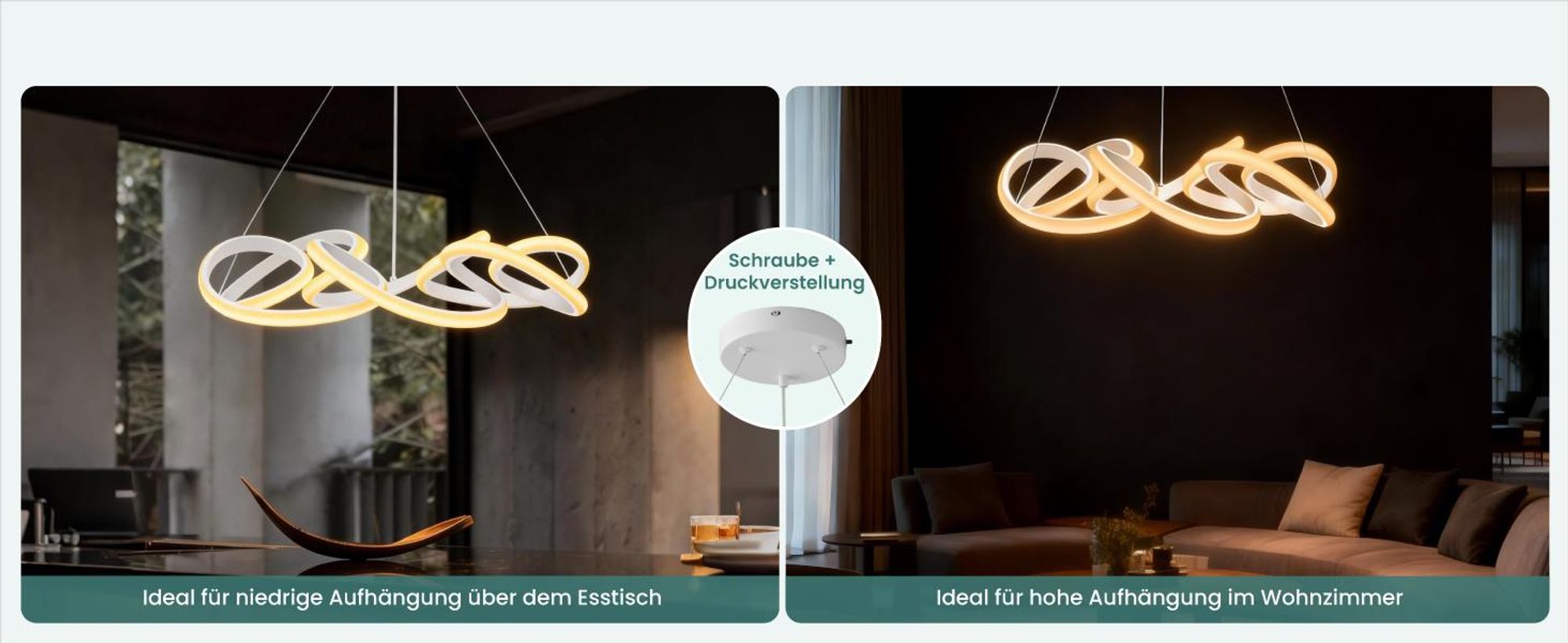 Mai & Mai Pendelleuchte Esstisch, 52cm LED Moderne Hängelampe Weiß, stufenlos dimmbar 3000K–6400K, höhenverstellbare mit Fernbedienung, Alivetta25040