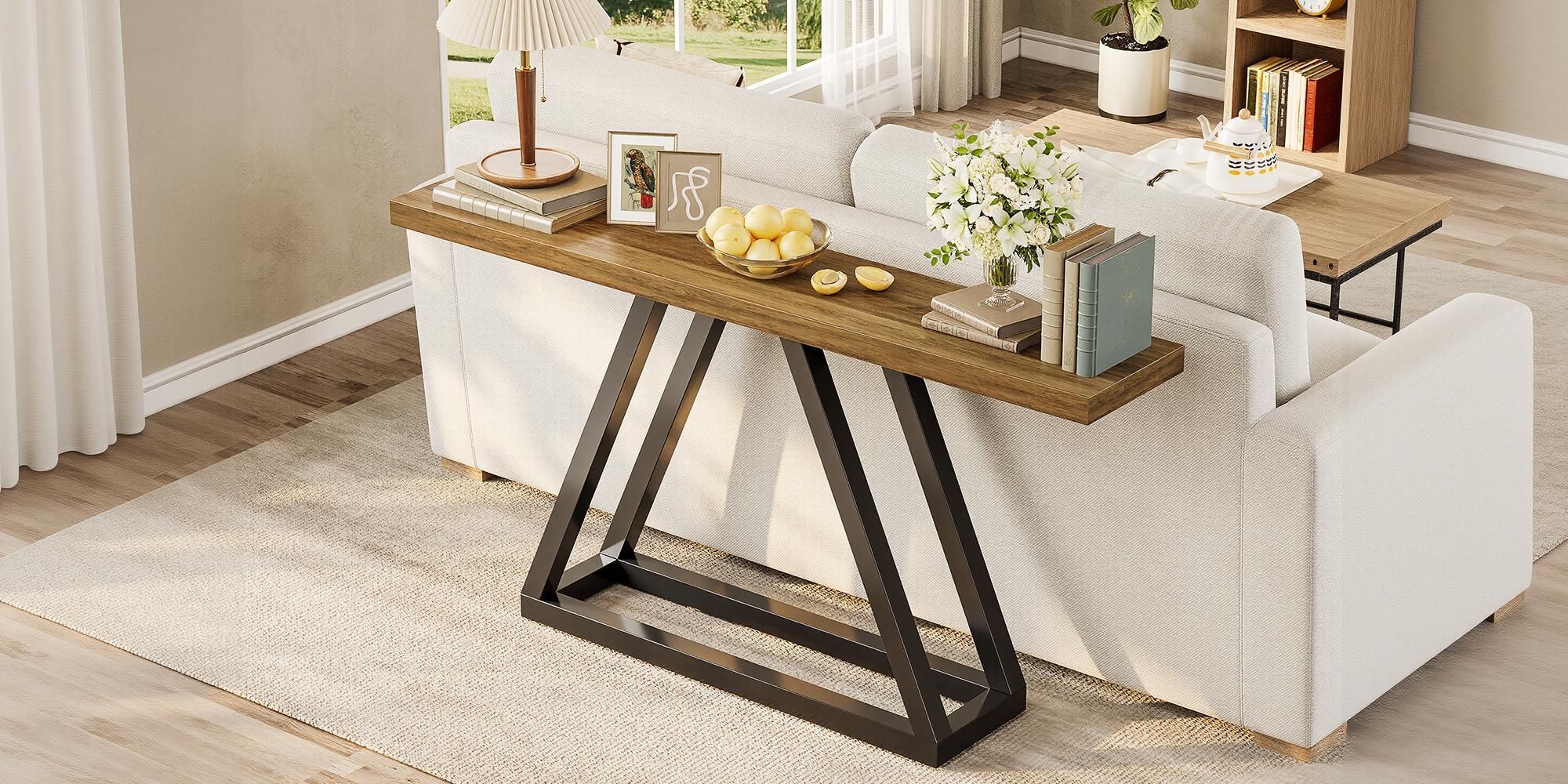 Tribesigns Schmaler Konsolentisch, 160 cm, Metallbeine, Modernes Holz-Design Eingangsbereich, Industrieller Flur-Foyertisch, Braun