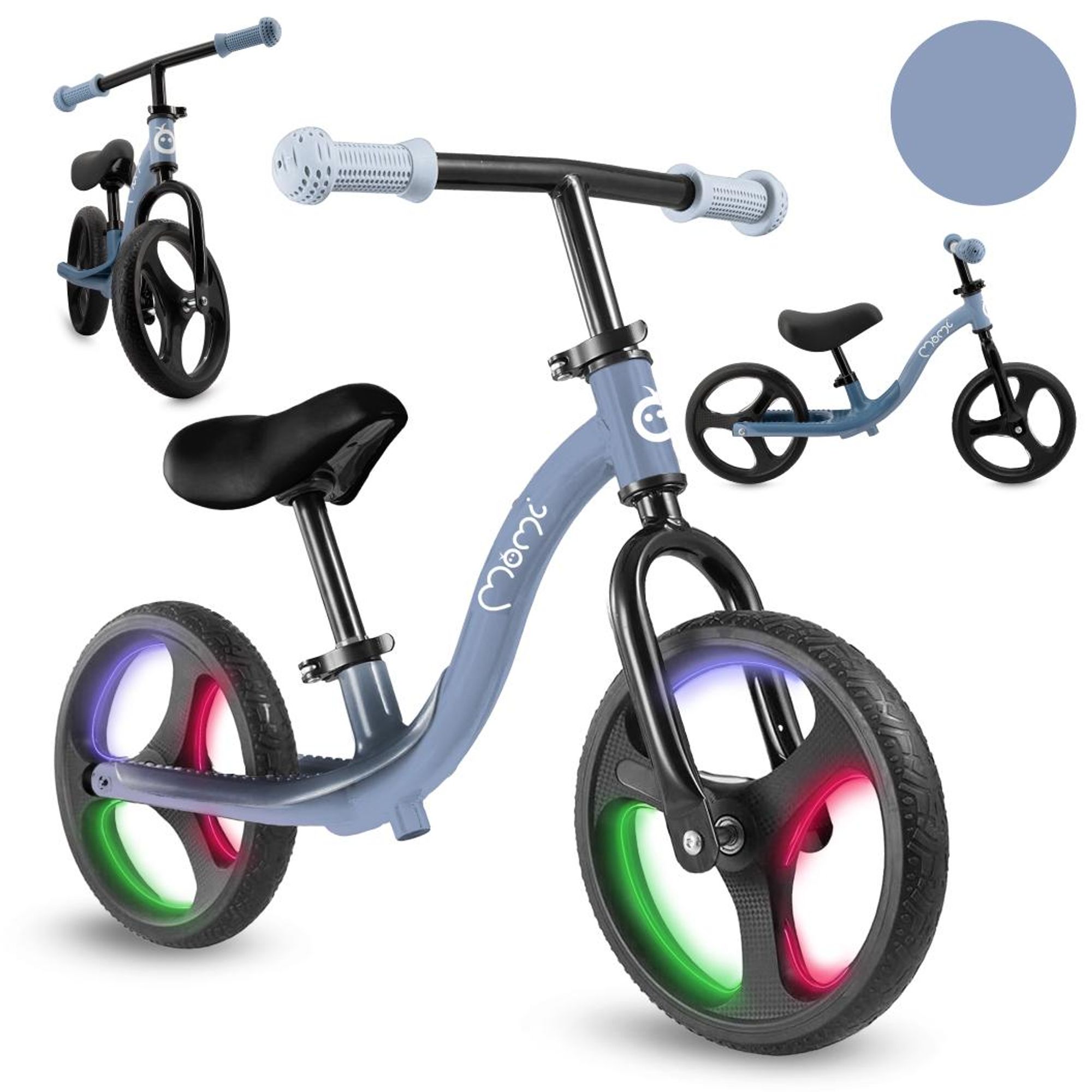 MoMi ISOKA – 10 Zoll Laufrad mit LED-Leuchten (Dynamo), höhenverstellbar ohne Werkzeug, mit Fußstütze, ab 2 Jahren, bis 35 kg – Blau