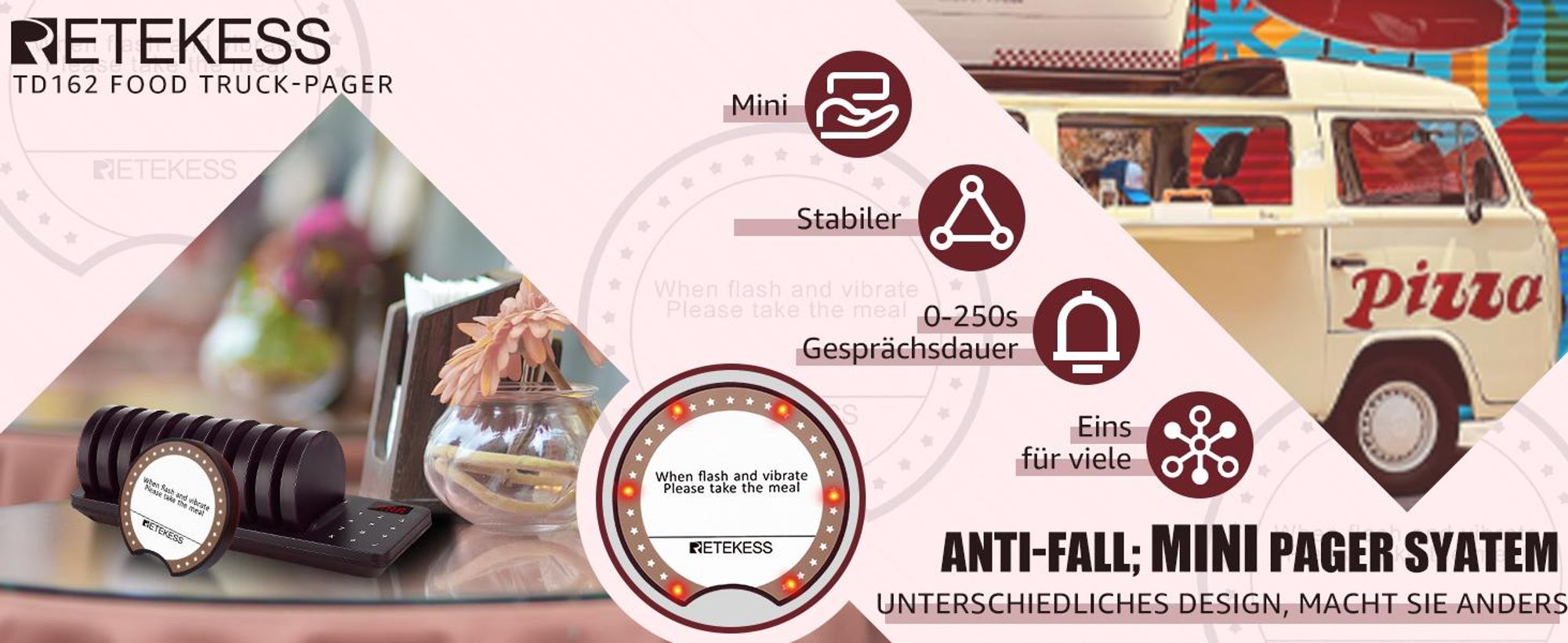 Retekess TD162 Drahtloses Anrufsystem, Restaurant Pager System, Stabile 10 Untersetzer, 32 Anrufmodi 250s Dauer 20H Standby, 400M Touchscreen Einfach zu Krankenhaus, Snack, Bar, Café