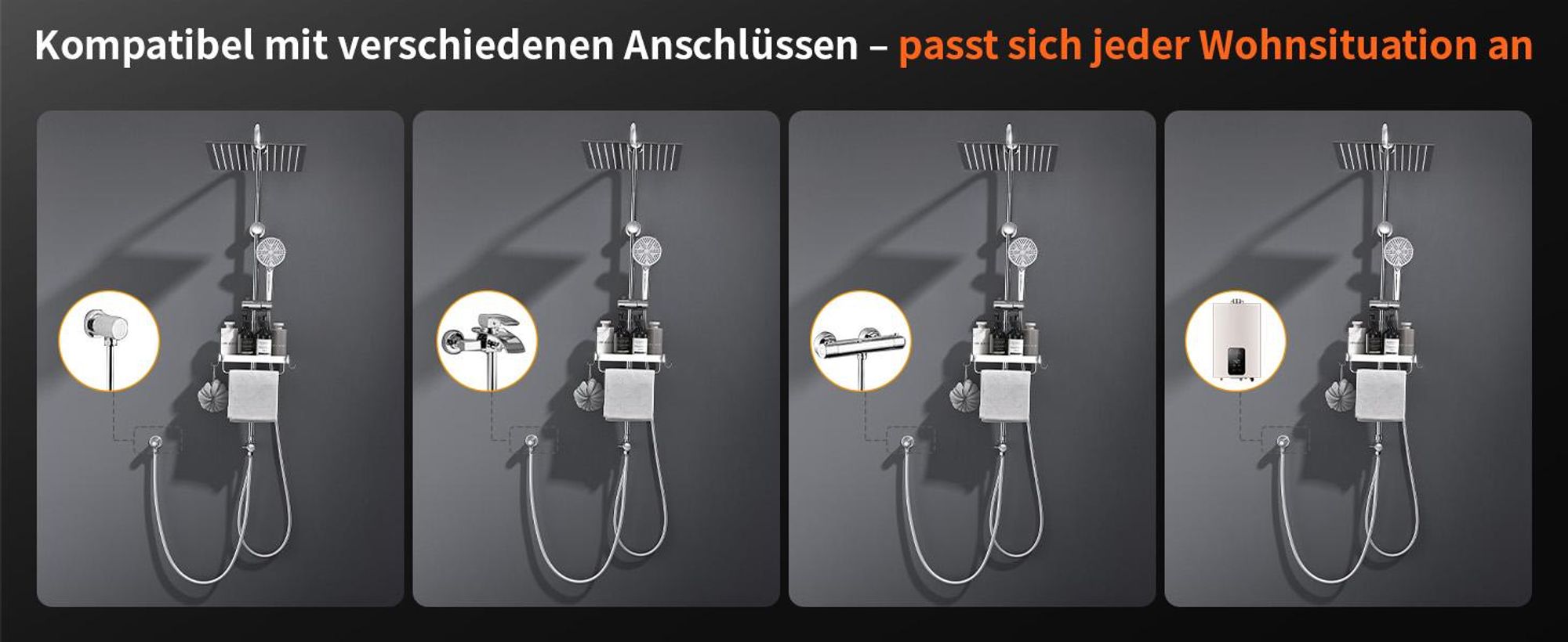Homelody Duschsystem ohne Armatur, Duschset Duschsäule mit SUS304 Edelstahl Duschablage 30cm kopfbrause & Handbrause Quadratisch 3 Strahlarten Chrom