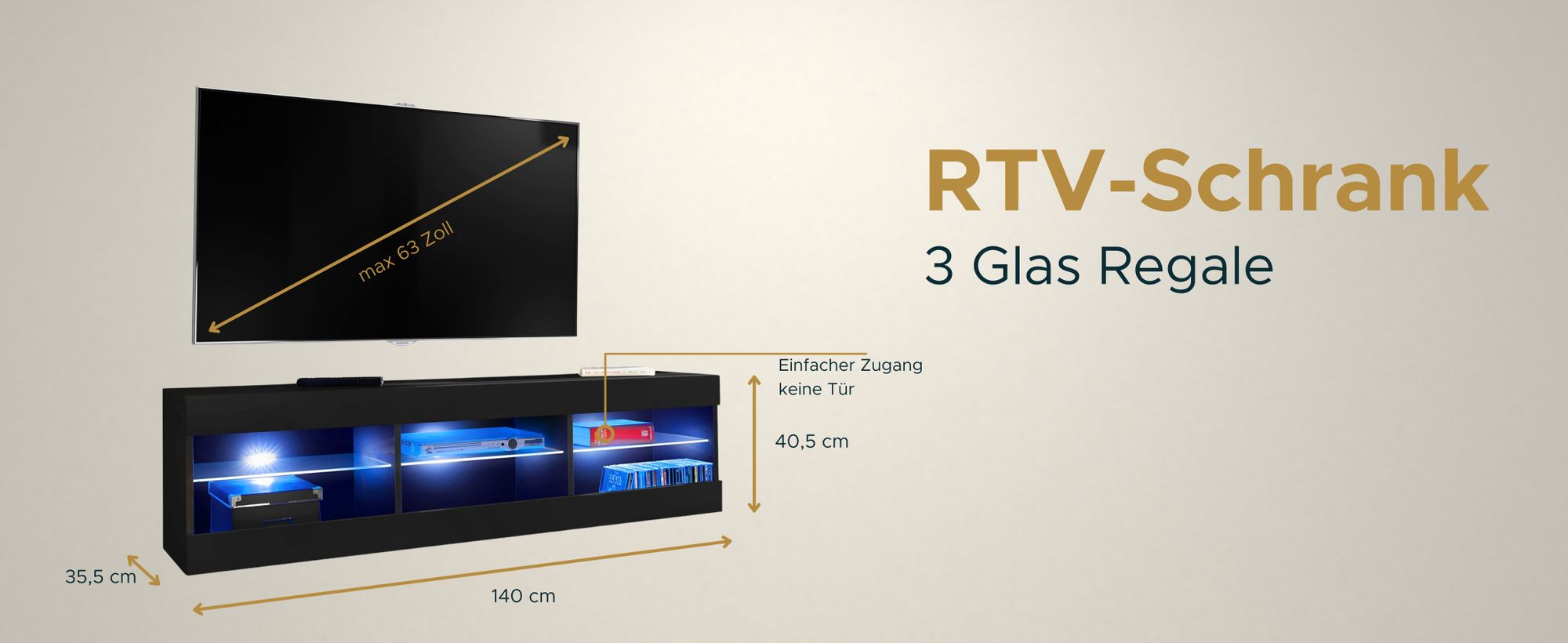 Komodee | Wohnwand mit TV-Schrank und Vitrine Tivoli Set Medio, Korpus Schwarz Matt Frontfarbe Schwarz Matt, ohne LED