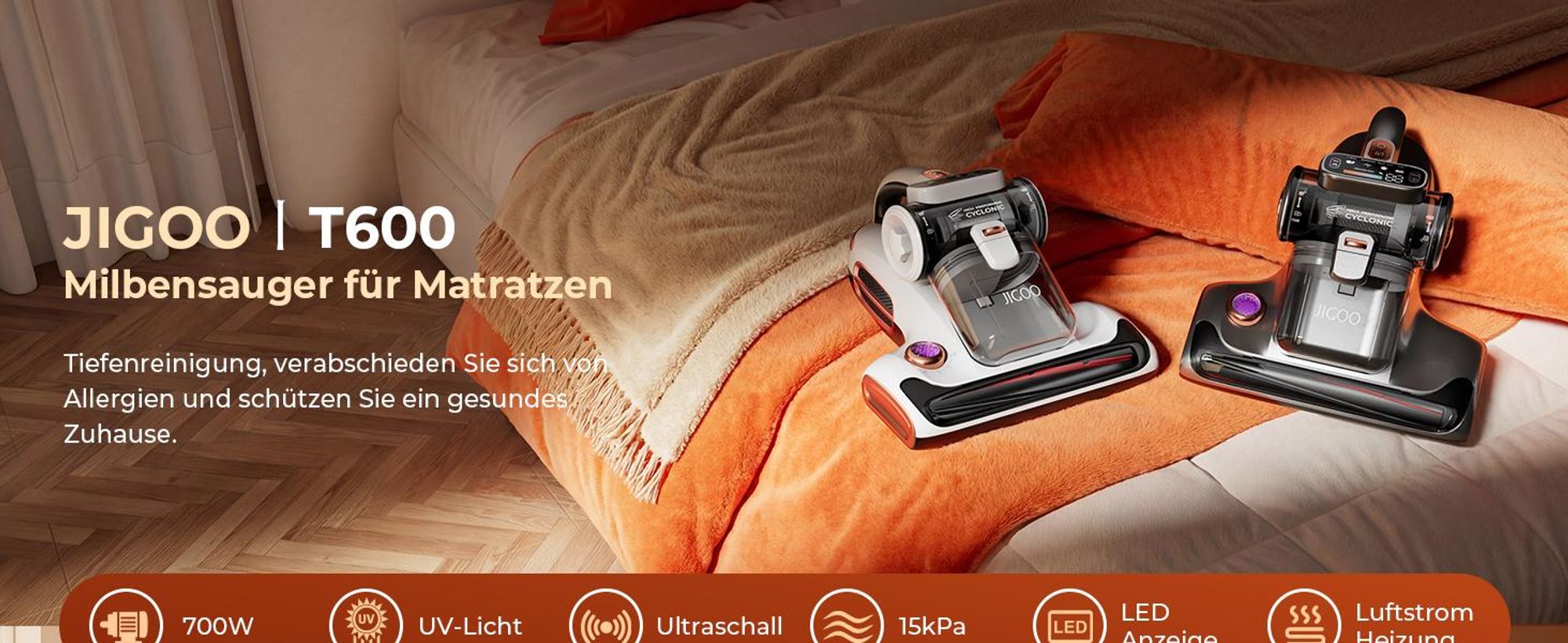 JIGOO T600 Matratzenstaubsauger - 15KPa Saugkraft - 99,9% Milbenentfernung - UV-Licht & 60°C Heißluft - – Weiß