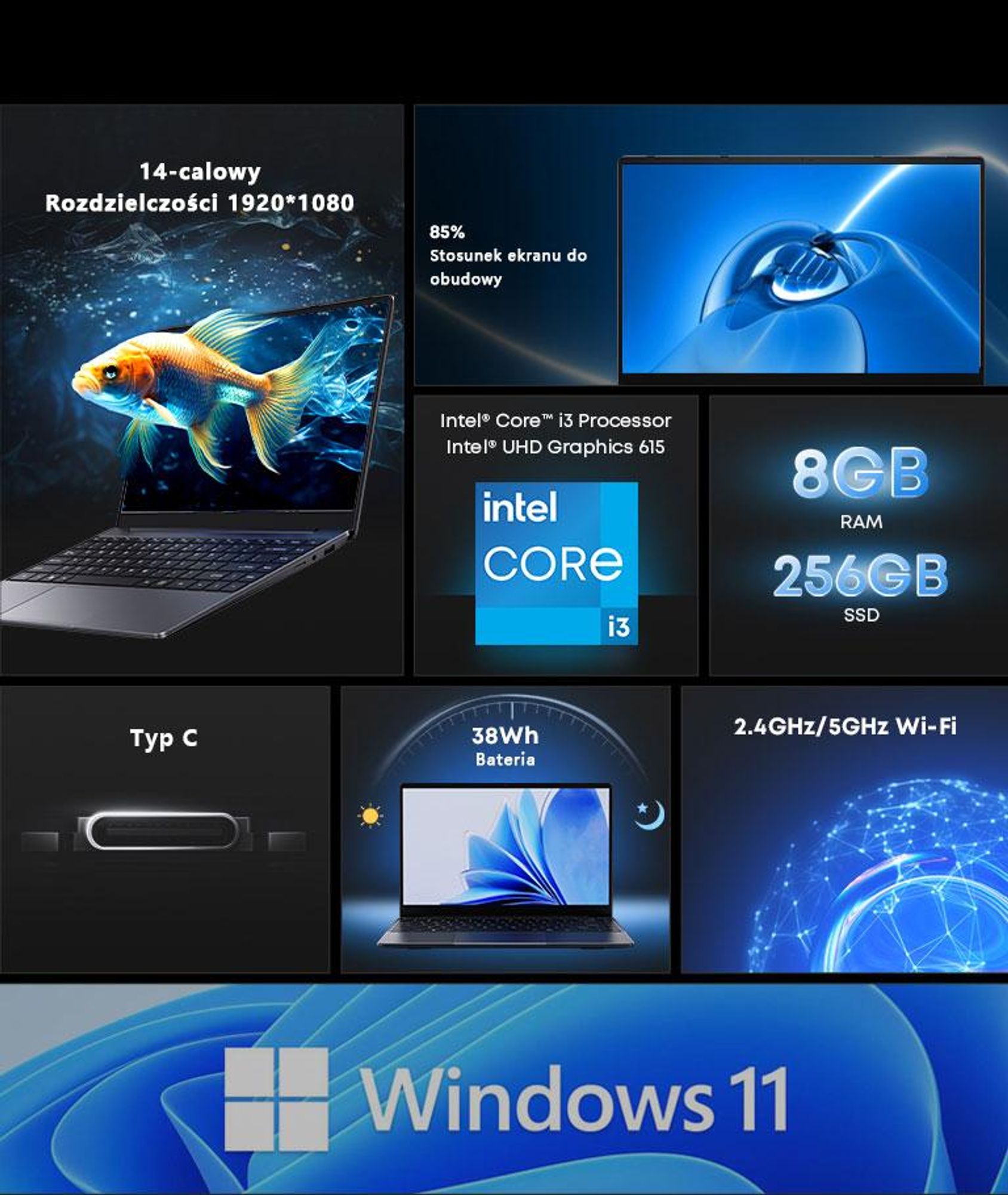 CHUWI CoreBook i3 laptop - 14 Calowy Procesor Intel i3-10100Y 8GB 256GB Windows 11 ultralekki - Szary