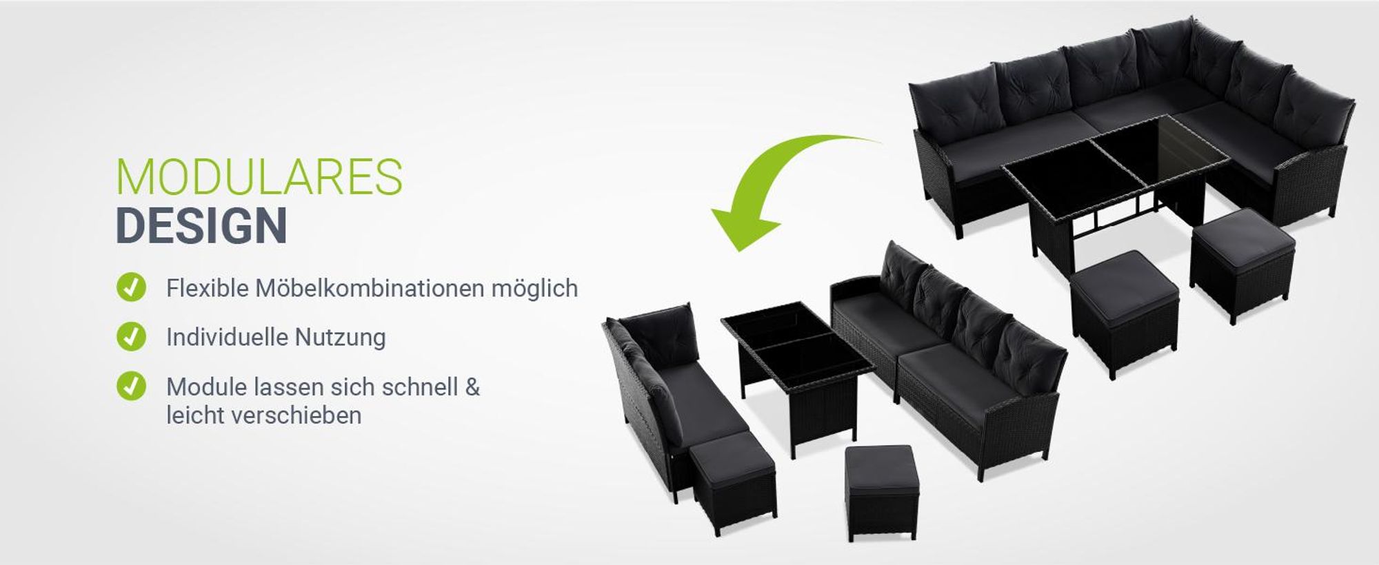 Juskys Polyrattan Lounge Manacor - Sofa, Tisch, Hocker & Kissen - Schwarz & Grau
