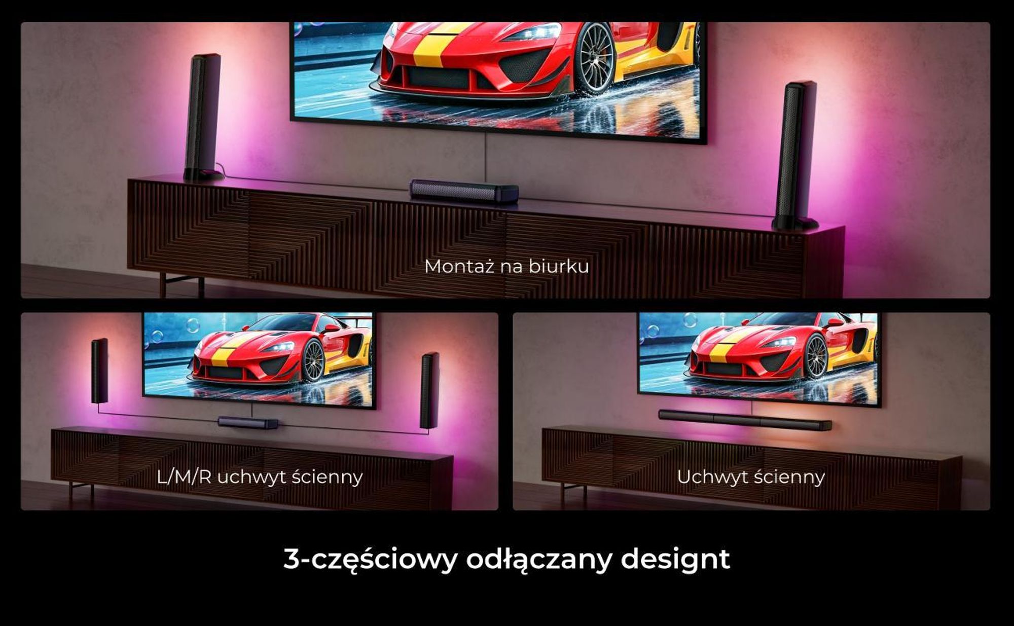 Odłączany soundbar ULTIMEA 7.1-kanałowy z podświetleniem RGB, wirtualny system dźwięku przestrzennego z subwooferem, 2 głośnikami surround, 410 W