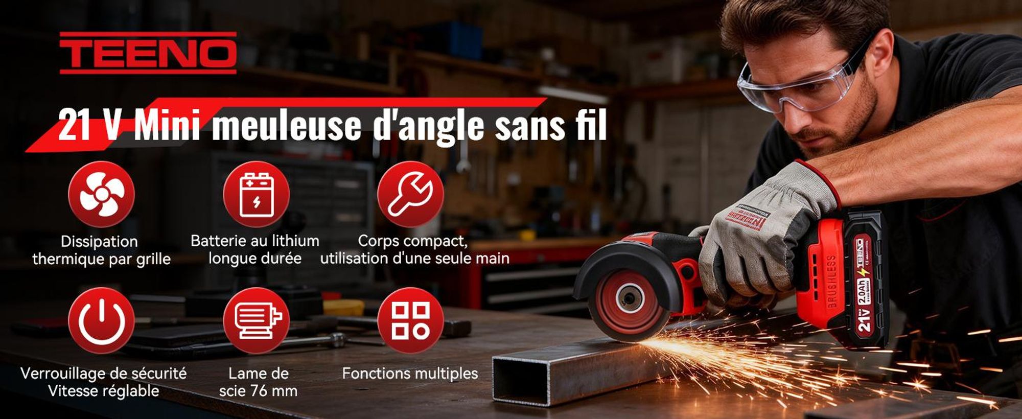Meuleuse d'angle électrique filaire TEENO 21V à 19500 tr/min, livrée avec 2 batteries de 2000 mAh et 6 disques meuleuses, outil de coupe électrique