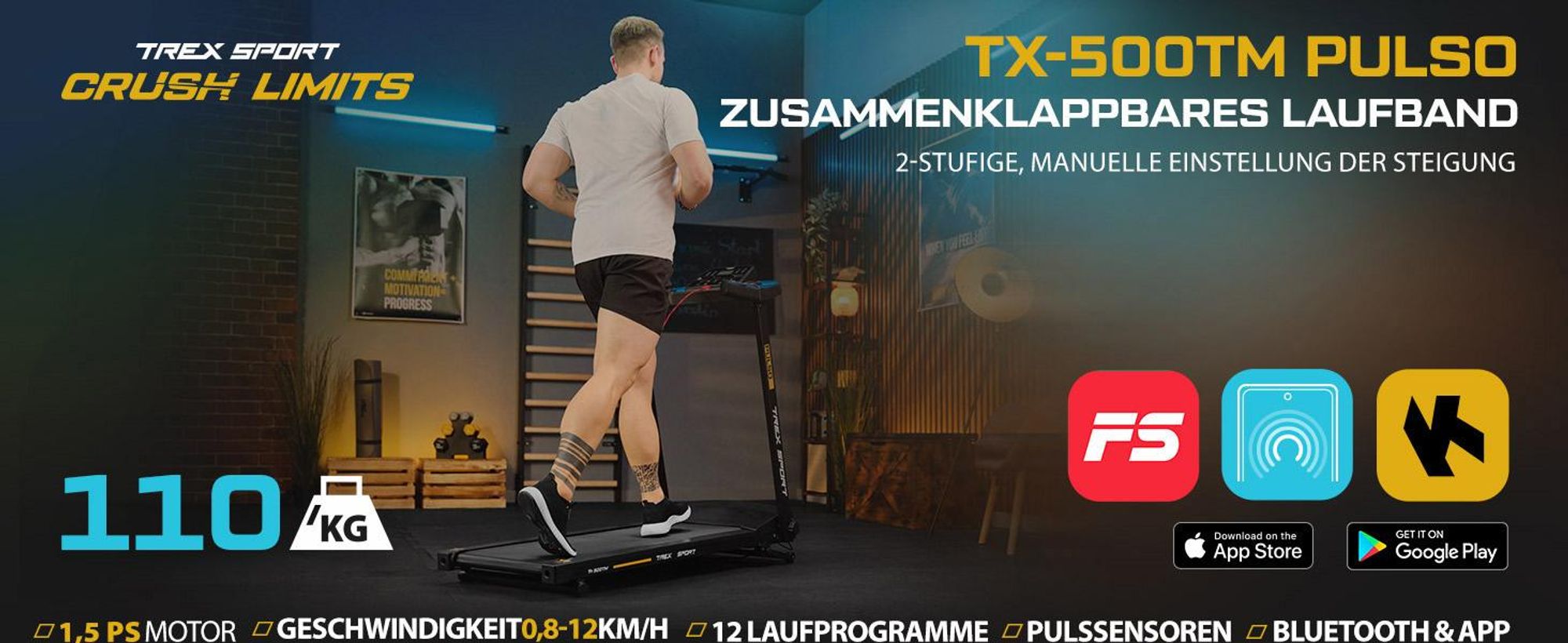 TREX SPORT Laufband für zuhause klappbar elektrisch TX-500TM PULSO | Treadmill mit LCD-Display, Bluetooth, bis 12 km/h, 12 Programme mit Pulssensoren