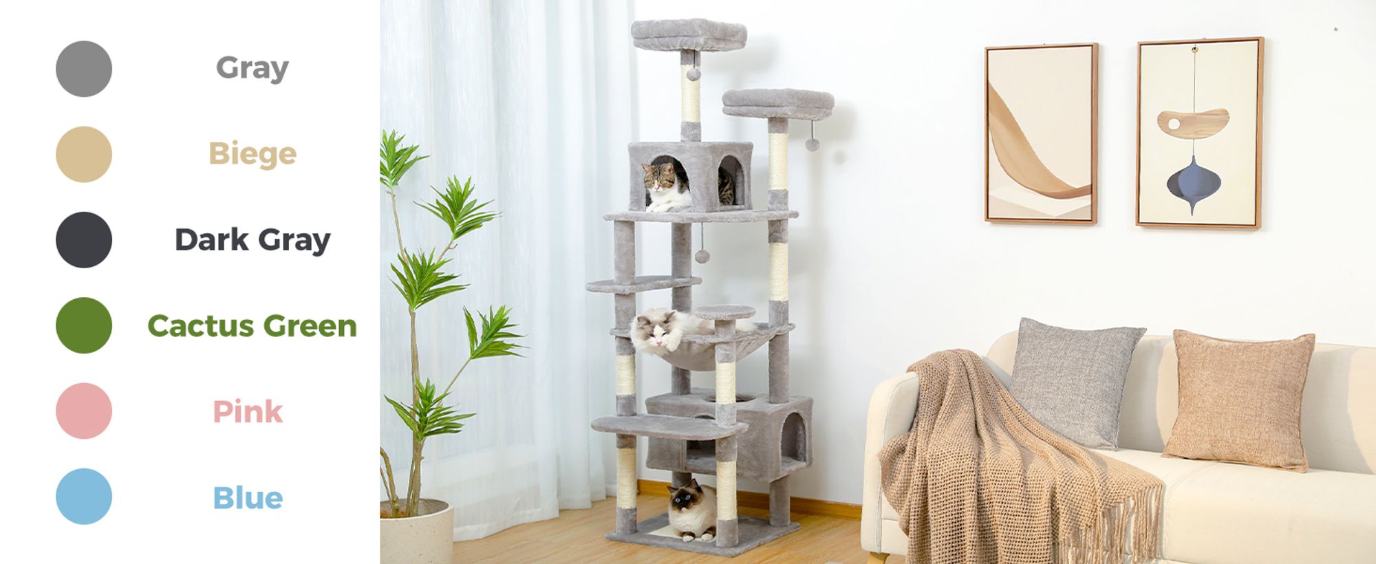 Purpurra Kratzbaum Katzenturm mit Hängematte und Katzenhöhle, 3 Höhen