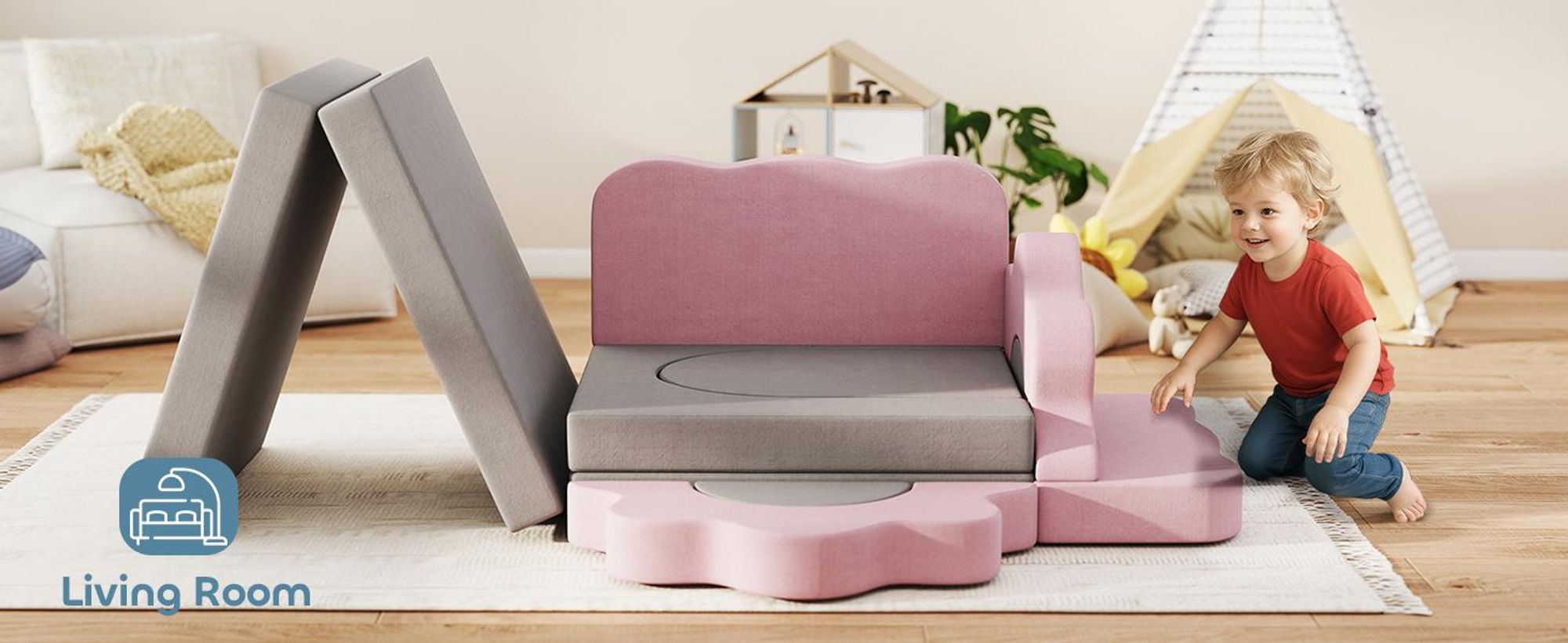 Sofa do zabawy AIYAPLAY, sofa dziecięca wykonana z piankowych klocków konstrukcyjnych 12 elementów, miękkie klocki do wspinaczki z basenem z piłeczkami, zestaw klocków, duże klocki, piankowe klocki do wspinaczki dla dzieci w kolorze sztruksowym, szare