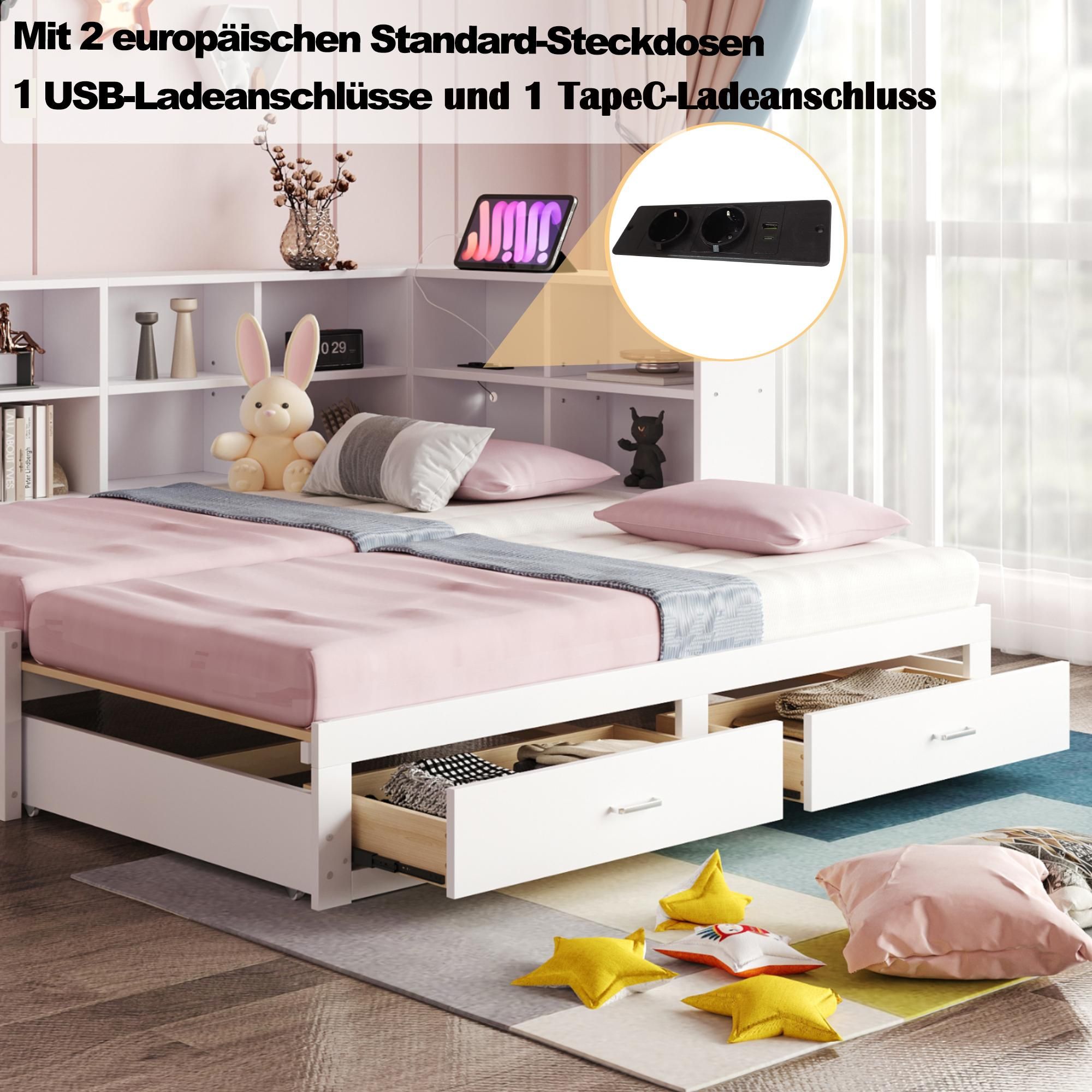 Merax Massivholzbett 90x190/180x190 cm mit Ausziehbett, Tagesbett mit Stauraum und Ladeanschluss, Multifunktionsbett Kinderbett Weiß