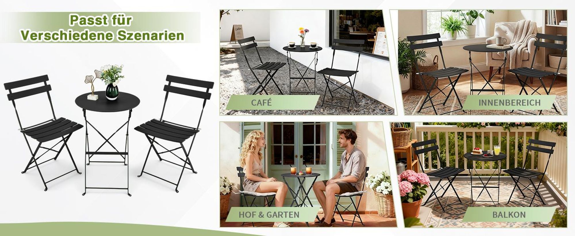 FCH Balkonset 3-Teilig Runder Tisch mit 2 Stühlen，Gartenmöbelset Klappmöbel Stuhl Tisch Garten-Möbel，Schwarz