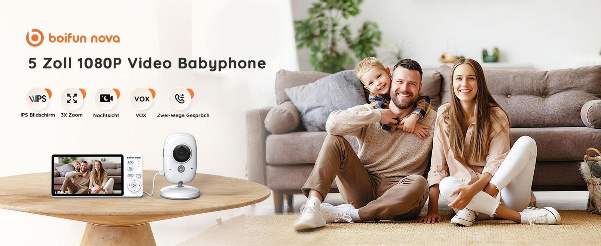 Babyphone mit Kamera, 5", VOX, Temperaturüberwachung, Gegensprechfunktion, IR-Nachtsich, weiß