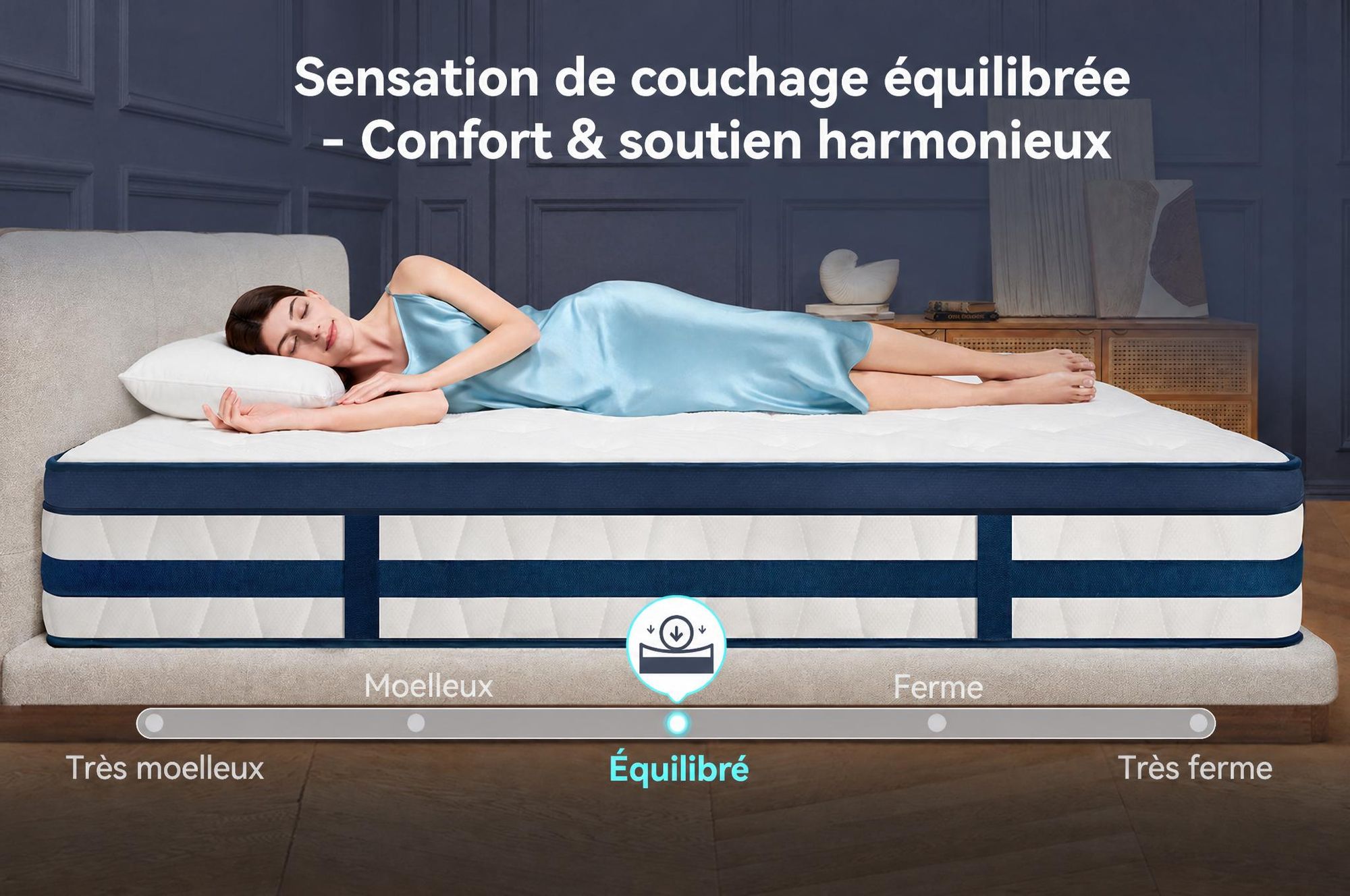 Matelas 90x200, 26 cm, avec surmatelas intégré, matelas à ressorts ensachés 7 zones, fermeté H3/H4