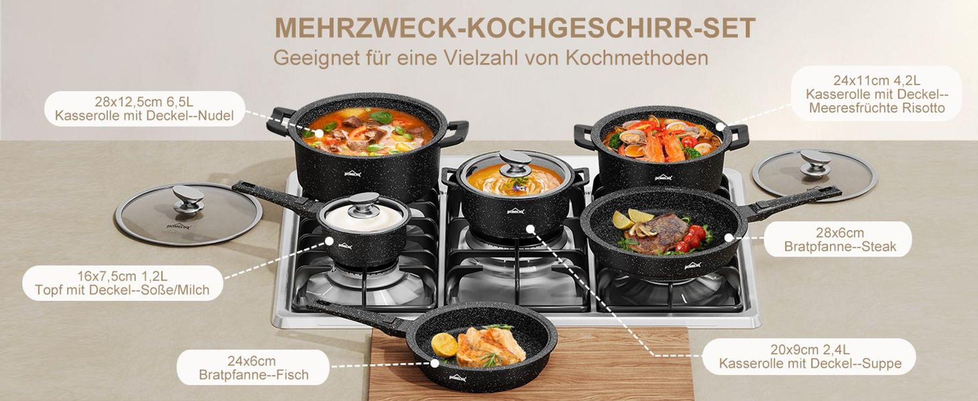 10-TLG Topfset Induktion mit Abnehmbarer Griff,Pfanne 24/28cm,Milchtopf 16cm,Kochtopf 20/24/28cm,Stapelbar für alle Herdarten,Ofenfest,Schwarz