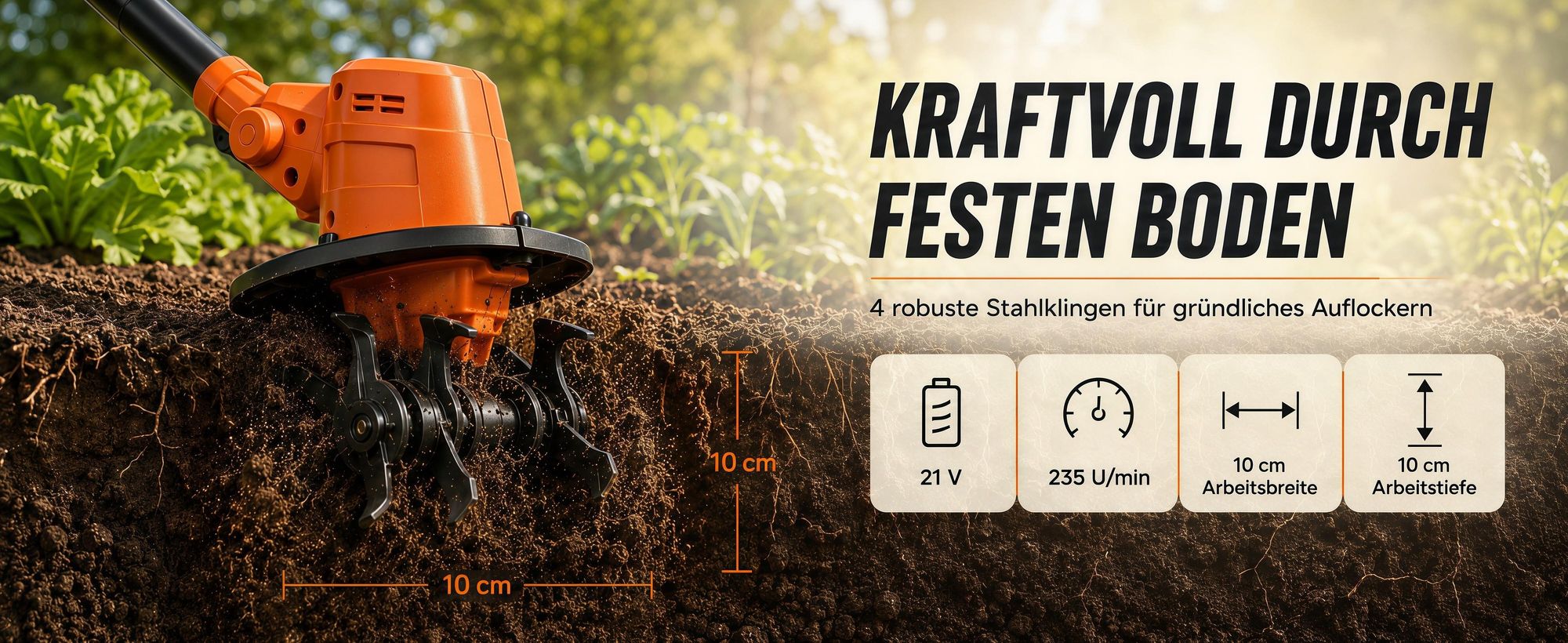 2-in-1 Akku-Bodenfräse, 100mm, elektrische Gartenfräse Mit 2 Stangen, 235 U/min, batteriebetriebener Rototiller für Gartenarbeit, 2 Akku und Ladegerät