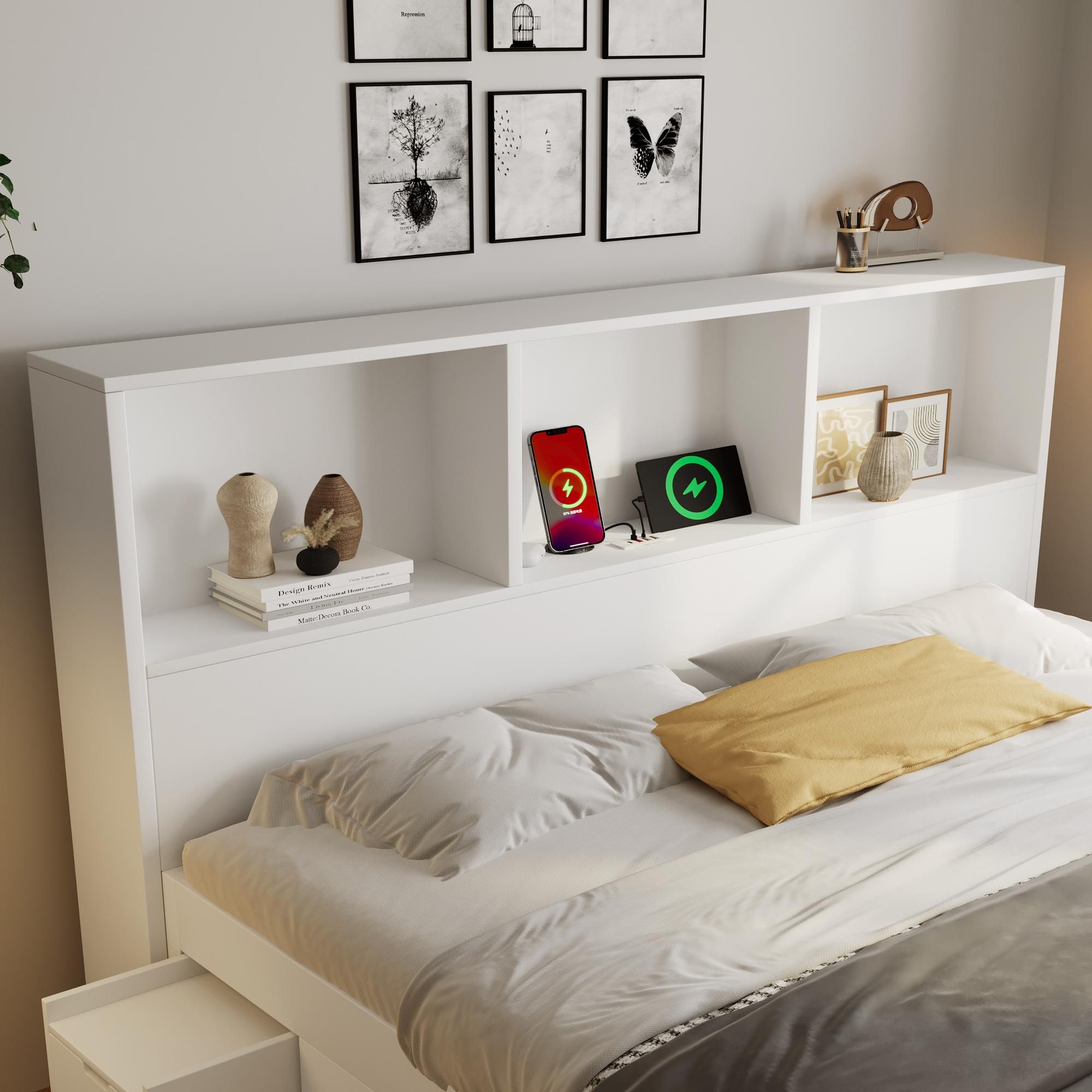 Flieks Jugendbett 140x200cm mit flexiblem Nachttisch, Klassisches Bett Doppelbett mit Led und Ladefunktion, Stauraumbett mit Schublade und Regal, Weiß